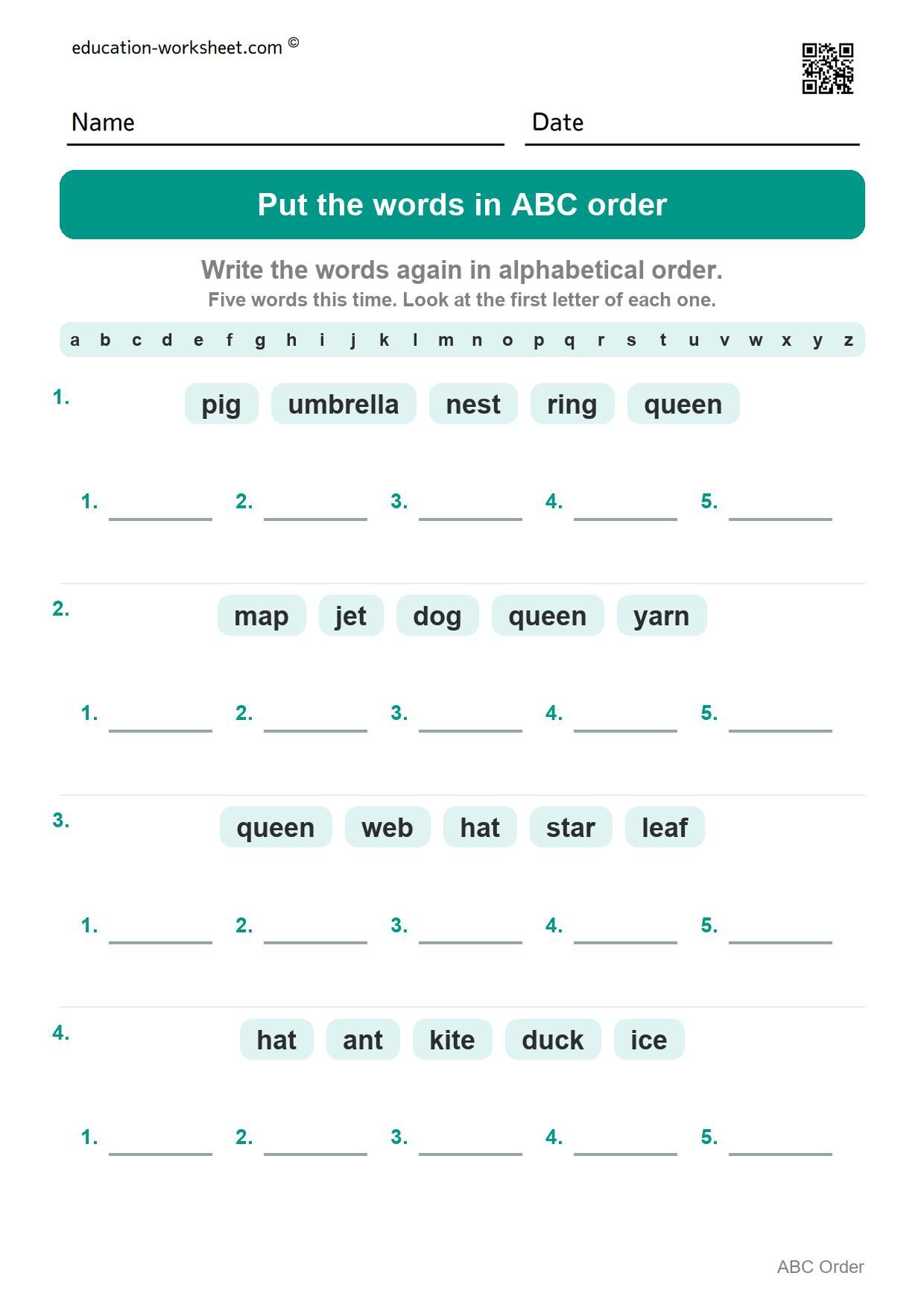 Put the words in ABC order (Set 9) - Free Put Words in ABC Order Worksheets for Kindergarten