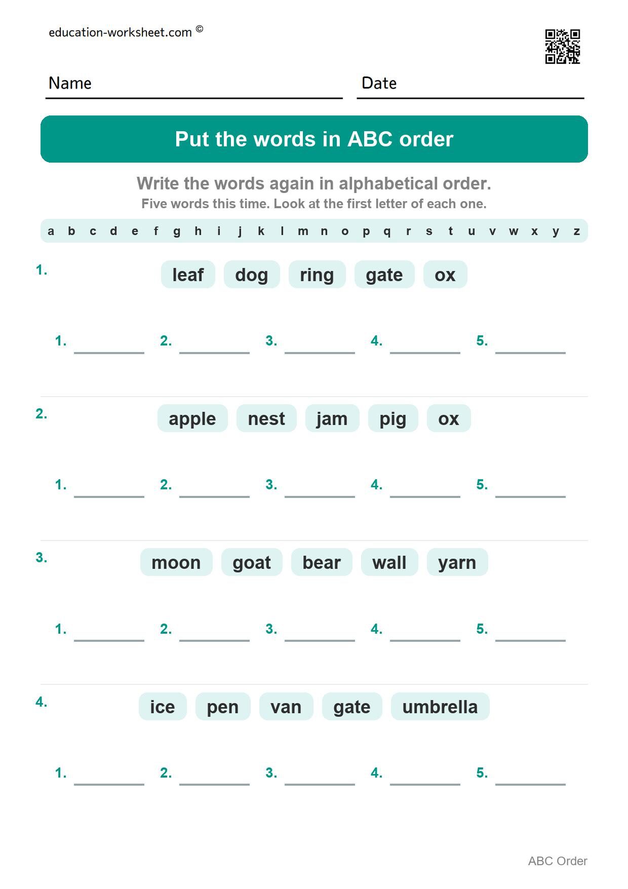 Put the words in ABC order (Set 10) - Free Put Words in ABC Order Worksheets for Kindergarten