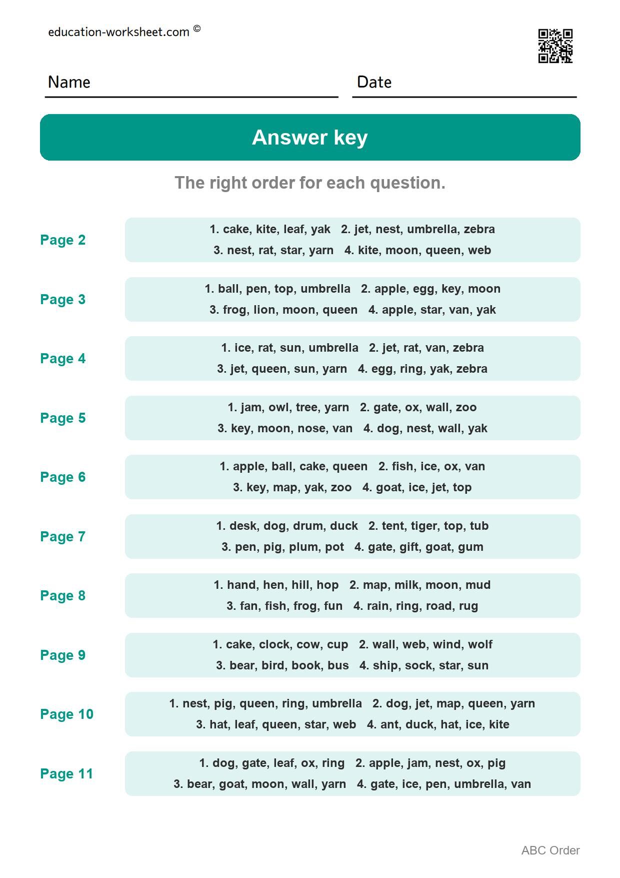 Answer key - all 10 pages - Free Put Words in ABC Order Worksheets for Kindergarten