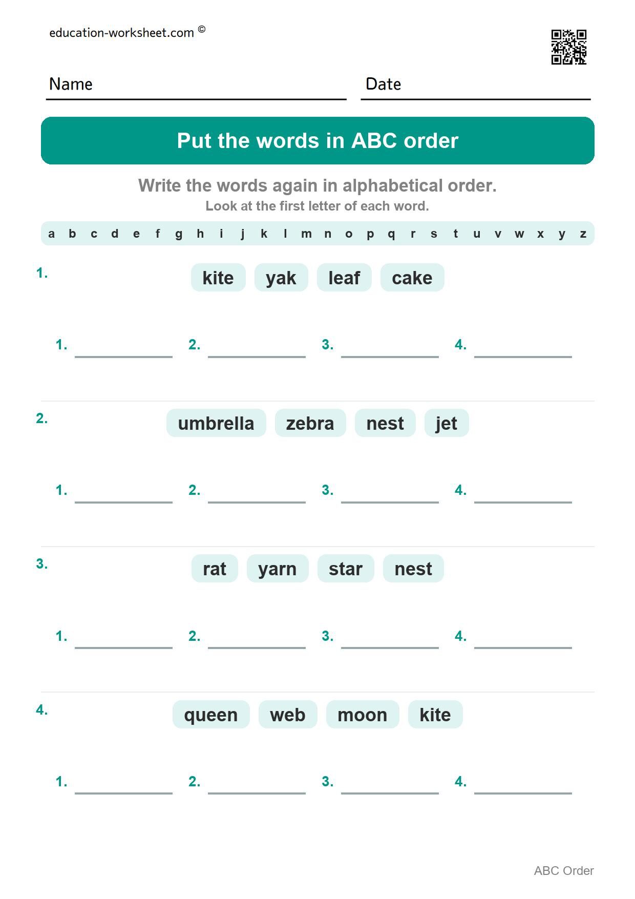 Put the words in ABC order (Set 1) - Free Put Words in ABC Order Worksheets for Kindergarten