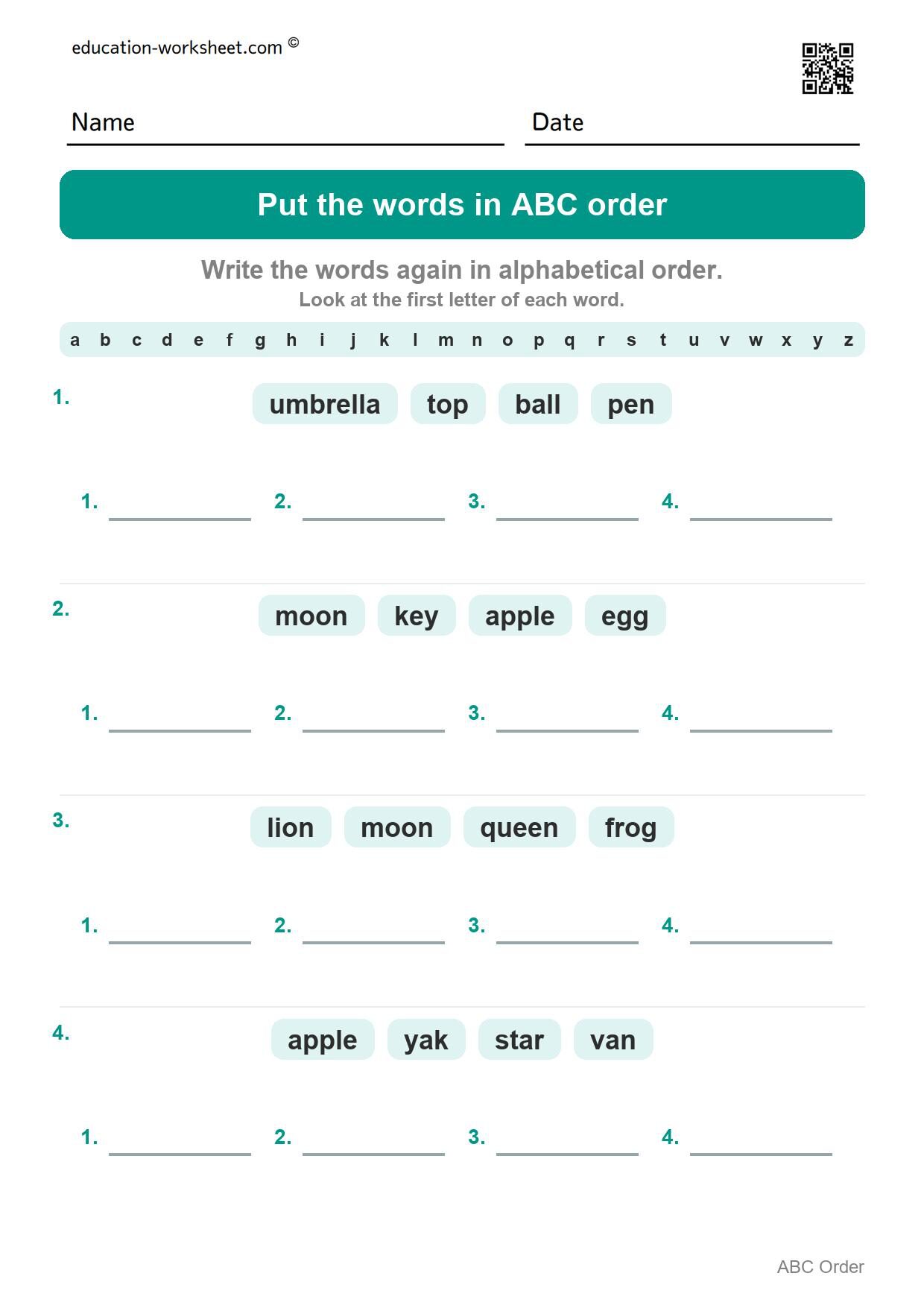Put the words in ABC order (Set 2) - Free Put Words in ABC Order Worksheets for Kindergarten