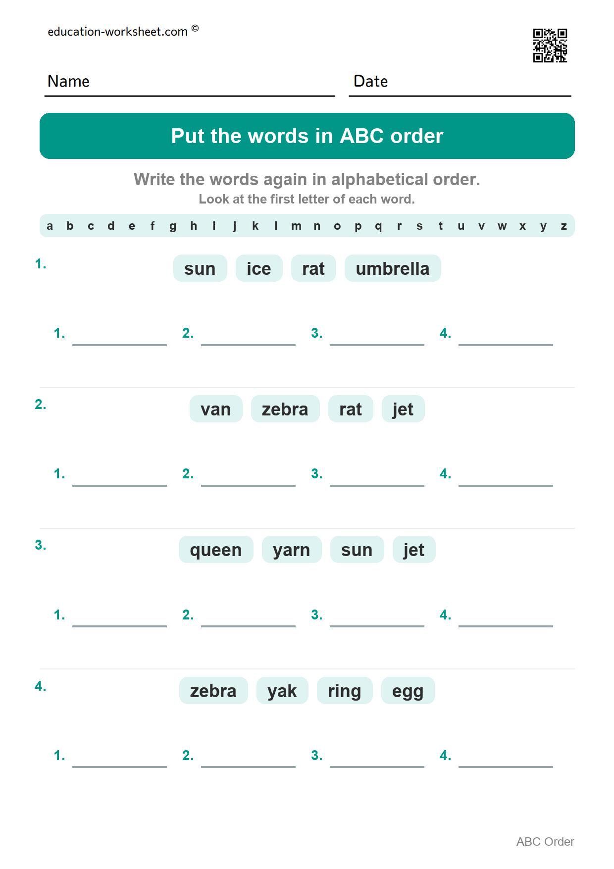 Put the words in ABC order (Set 3) - Free Put Words in ABC Order Worksheets for Kindergarten