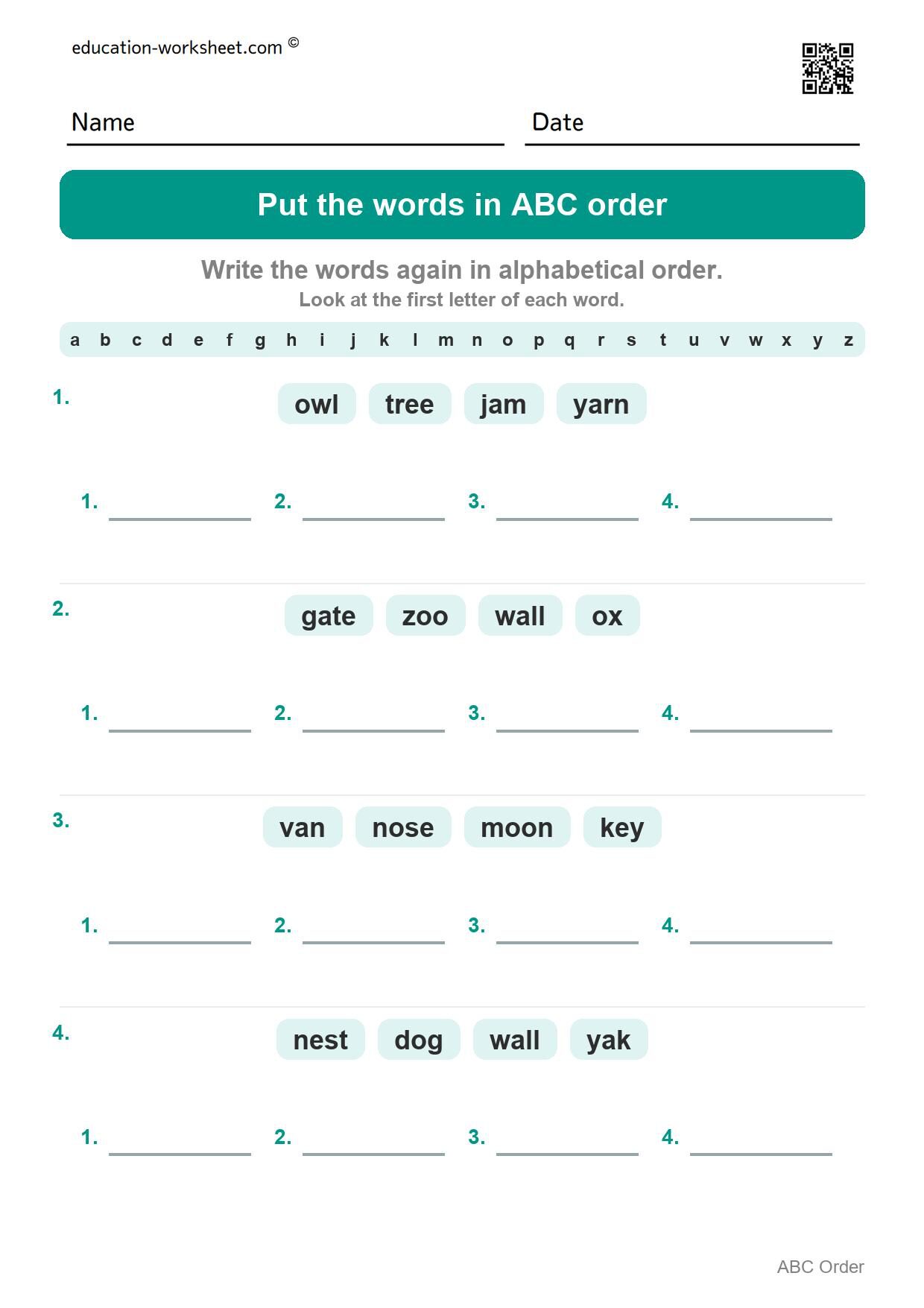 Put the words in ABC order (Set 4) - Free Put Words in ABC Order Worksheets for Kindergarten