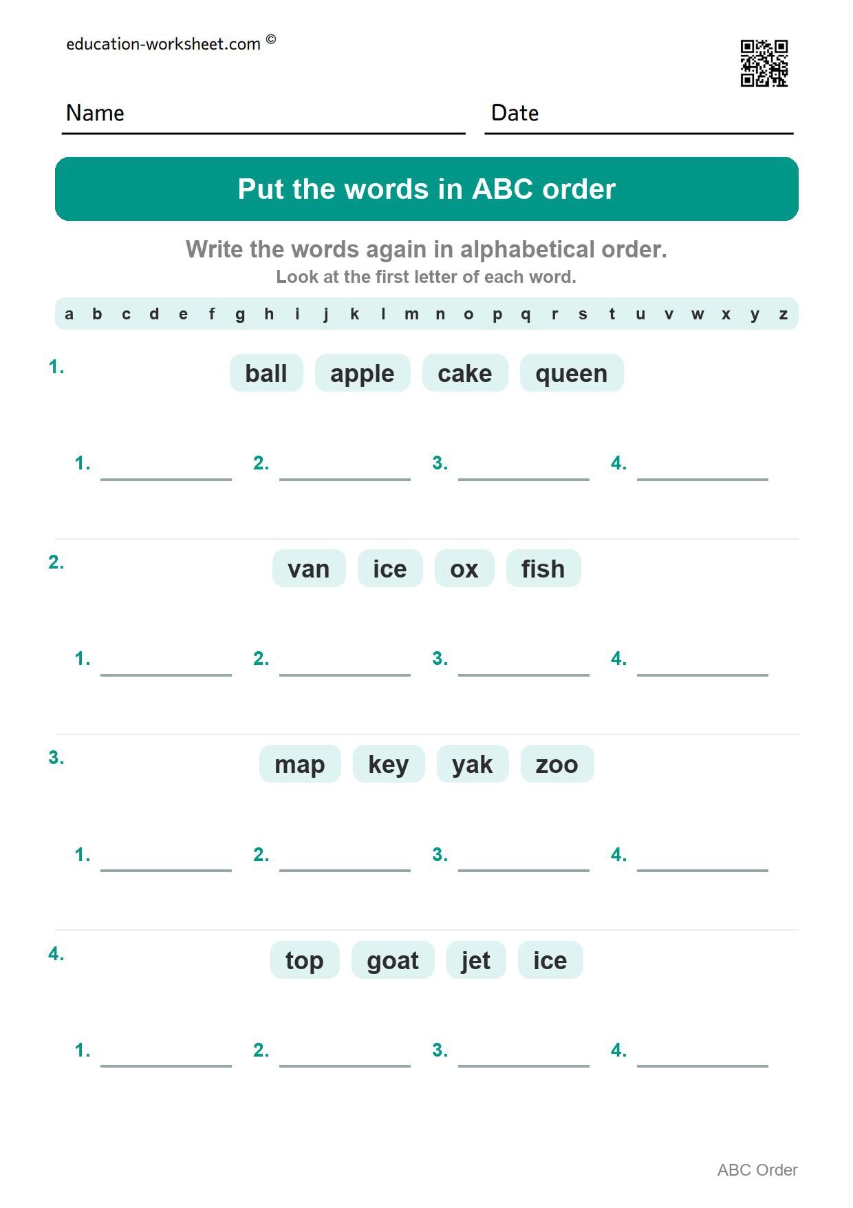 Put the words in ABC order (Set 5) - Free Put Words in ABC Order Worksheets for Kindergarten