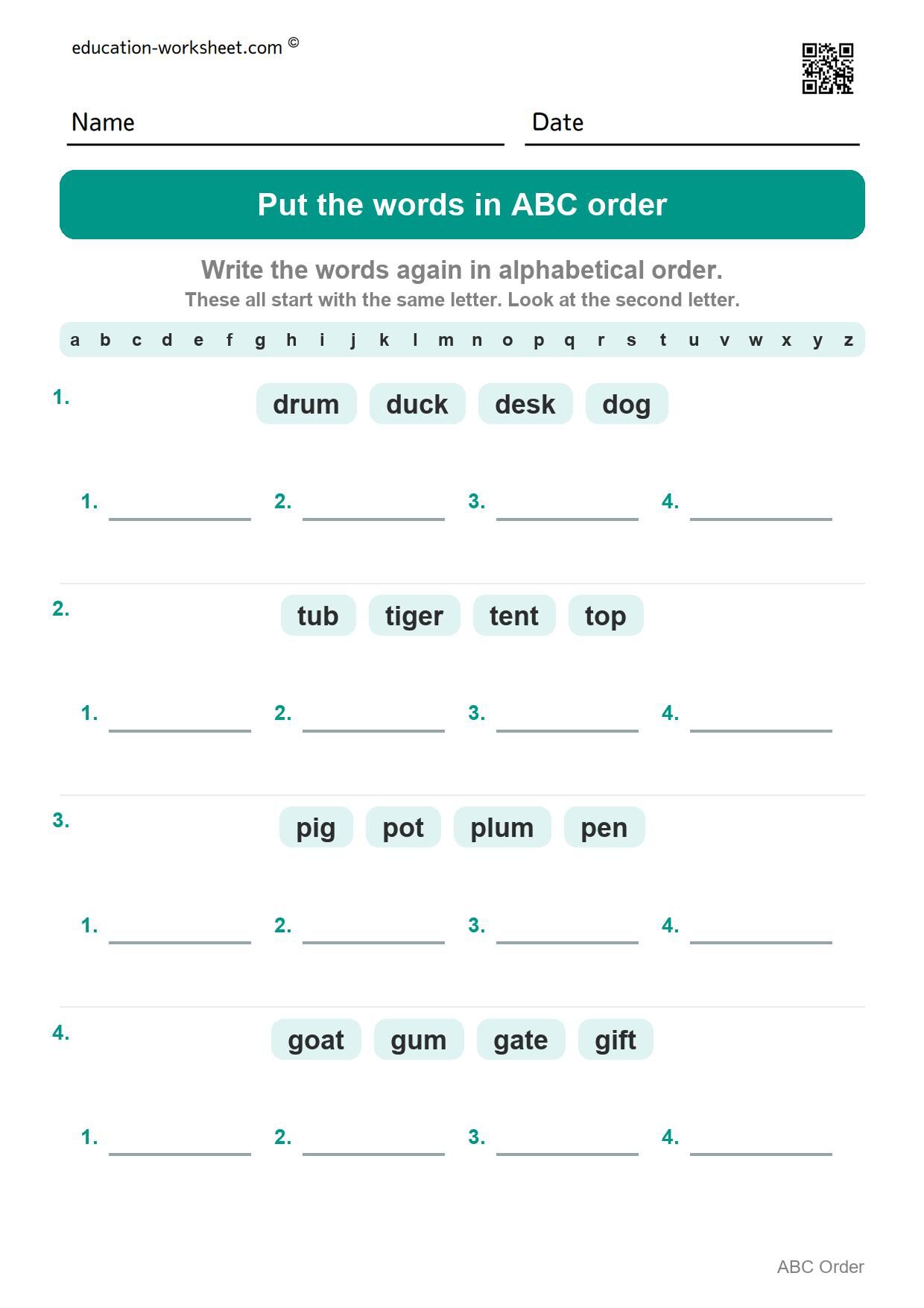 Put the words in ABC order (Set 6) - Free Put Words in ABC Order Worksheets for Kindergarten