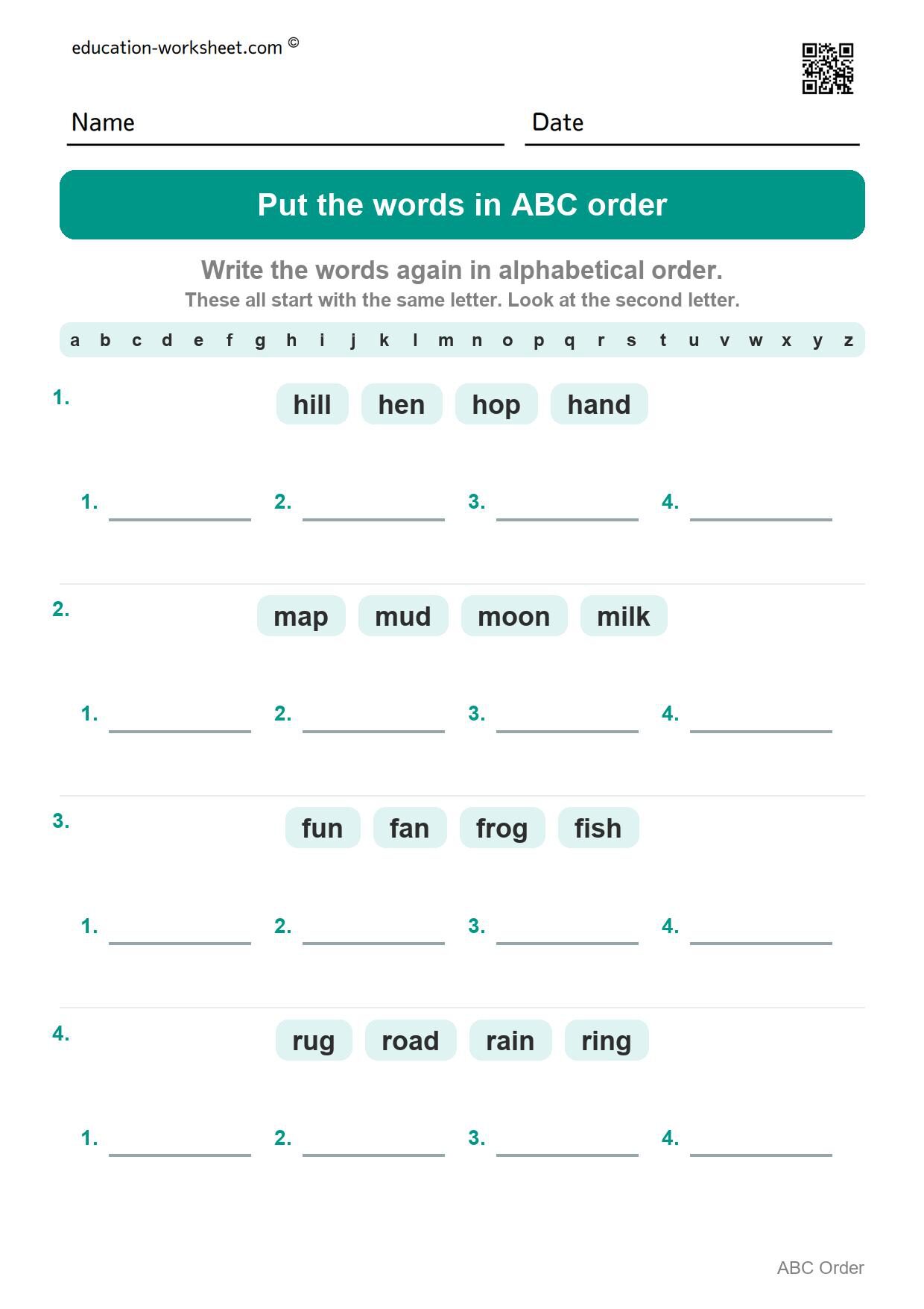 Put the words in ABC order (Set 7) - Free Put Words in ABC Order Worksheets for Kindergarten