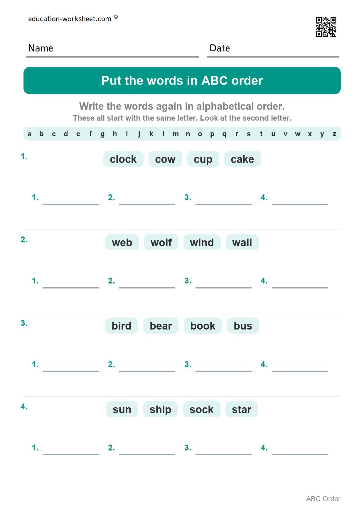 Put the words in ABC order (Set 8) - Free Put Words in ABC Order Worksheets for Kindergarten