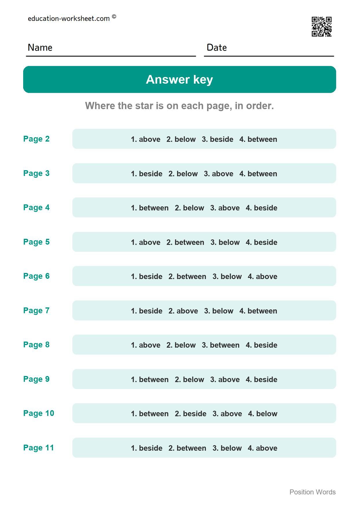 Answer key - all 10 pages - Free Above and Below Worksheets for Kindergarten - Where Is It