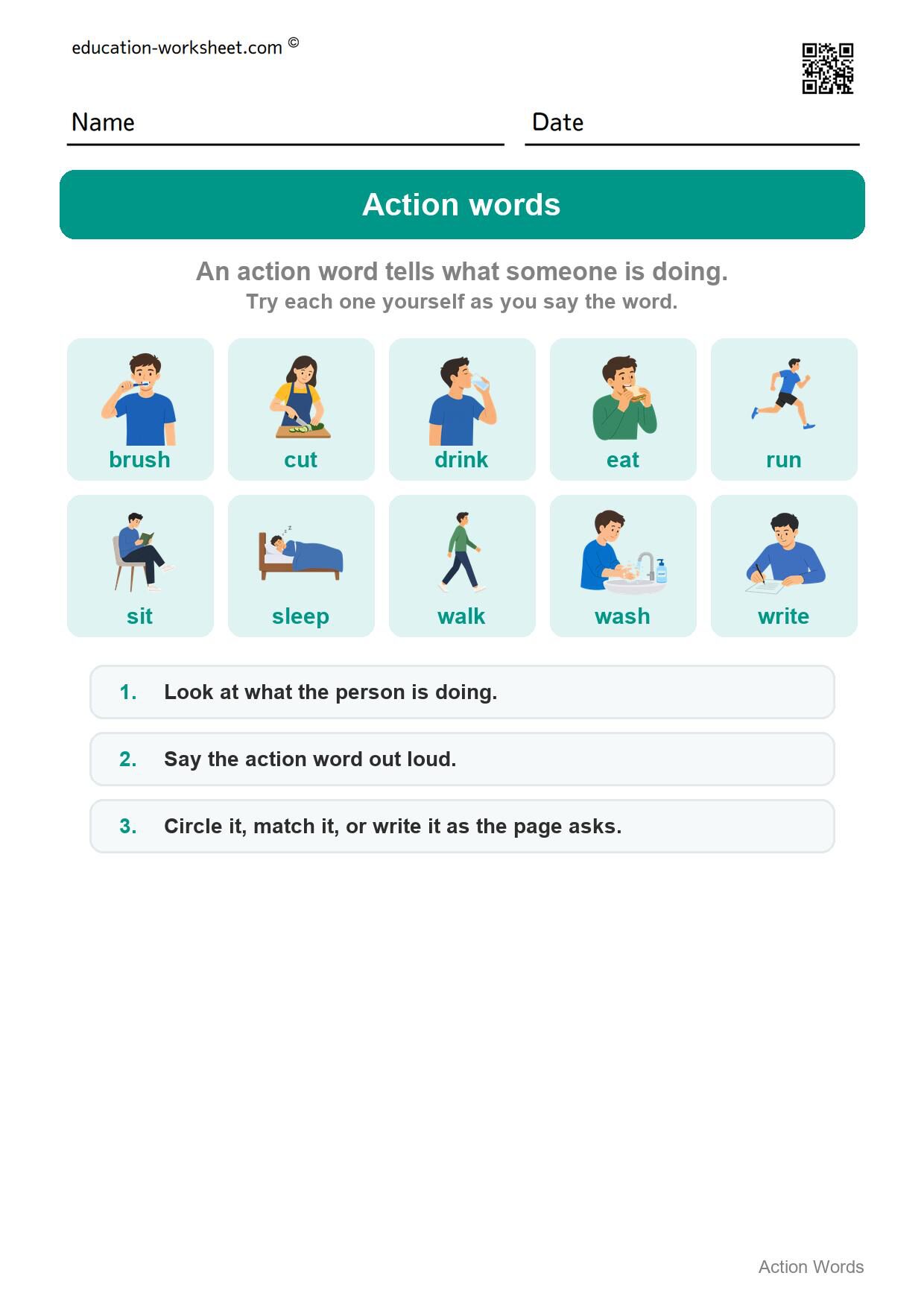 How to use this worksheet - Free Action Words Worksheets for Kindergarten - Learn Verbs