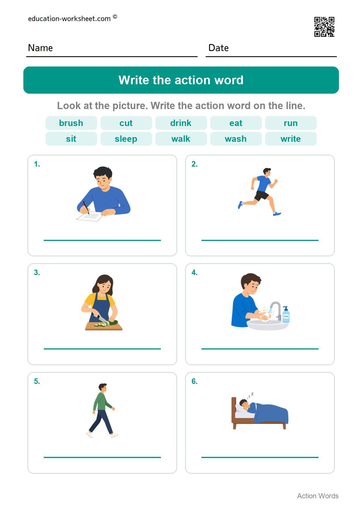 Write the action word (Set 9) - Free Action Words Worksheets for Kindergarten - Learn Verbs