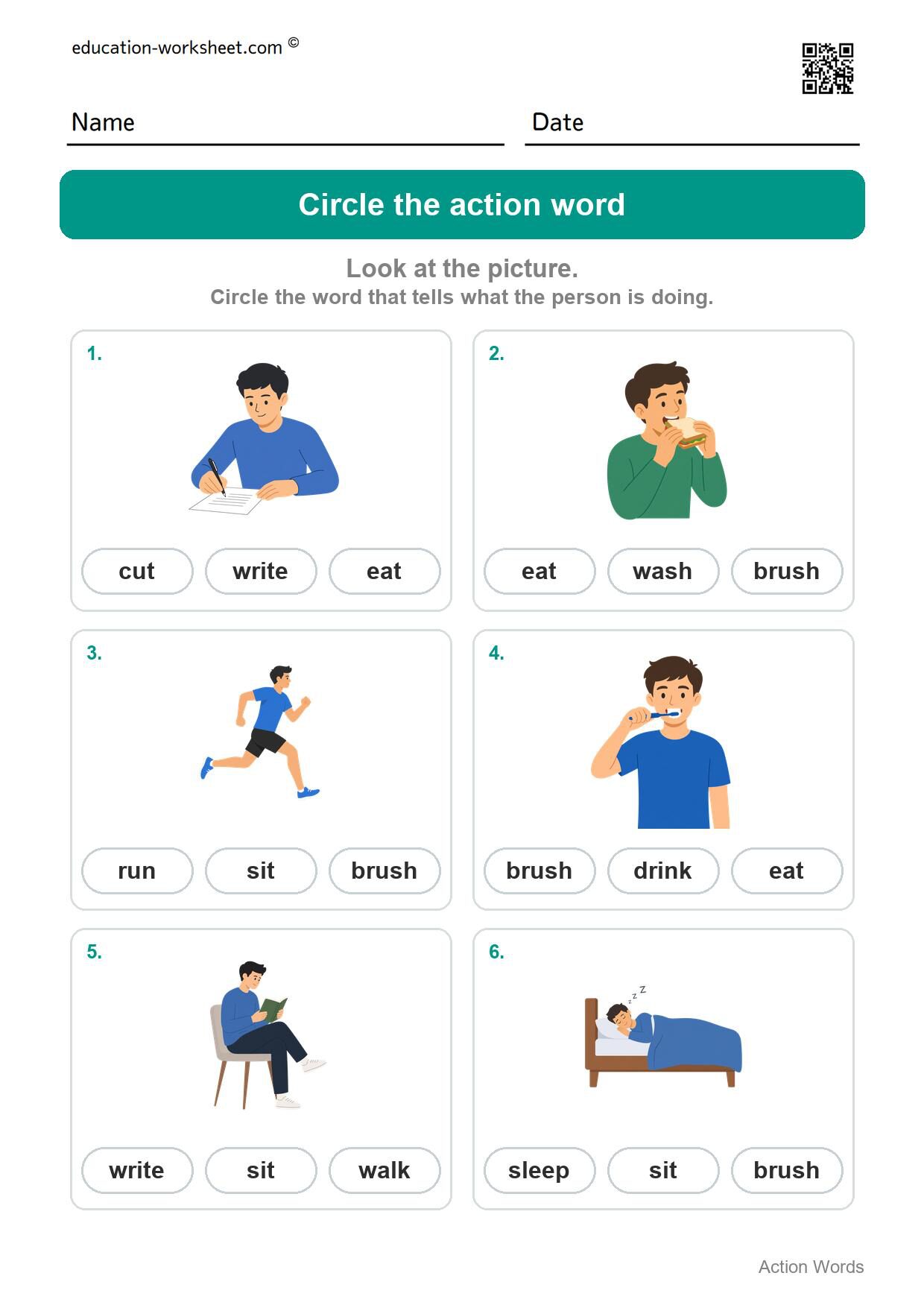 Circle the action word (Set 10) - Free Action Words Worksheets for Kindergarten - Learn Verbs