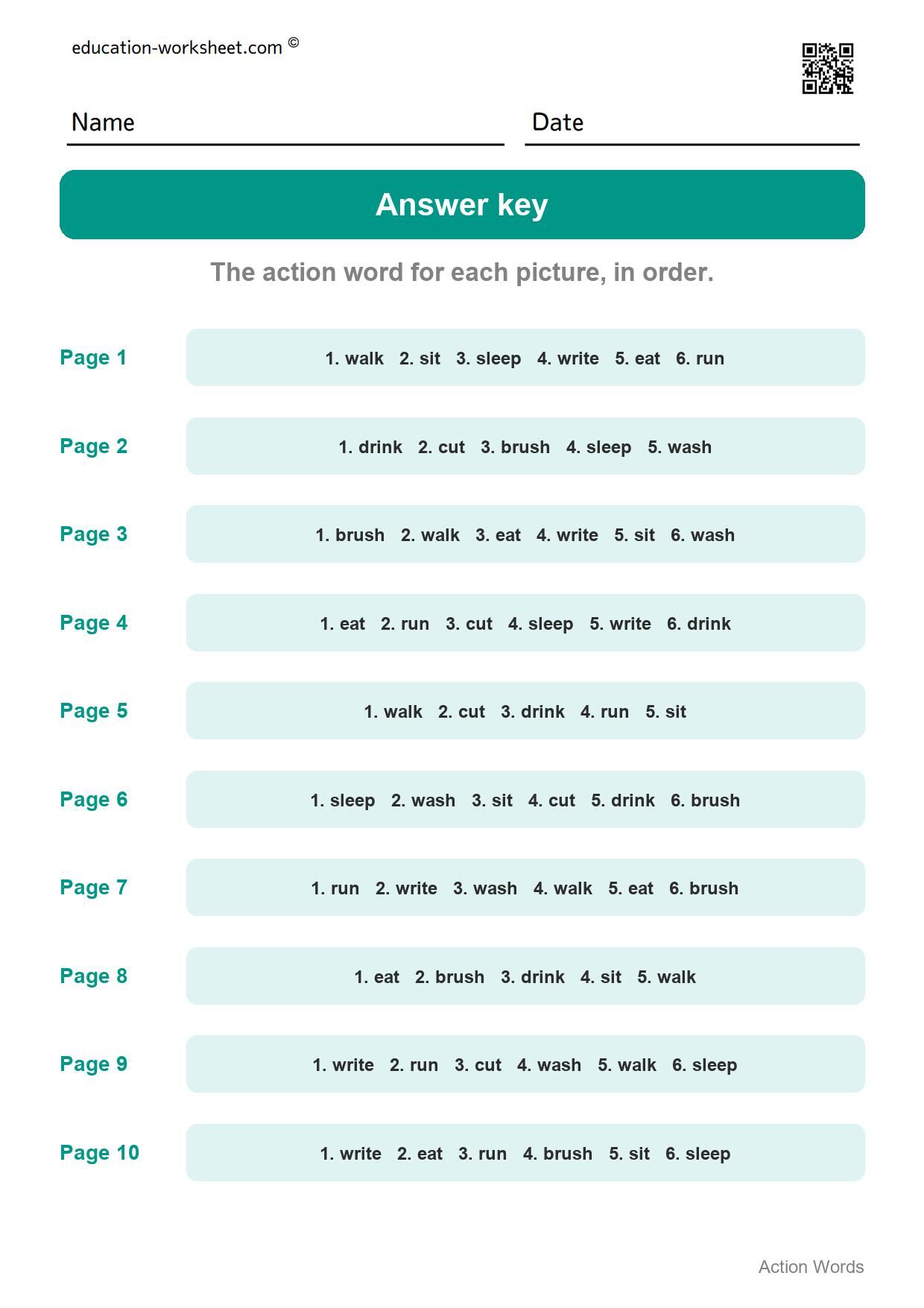 Answer key - all 10 pages - Free Action Words Worksheets for Kindergarten - Learn Verbs