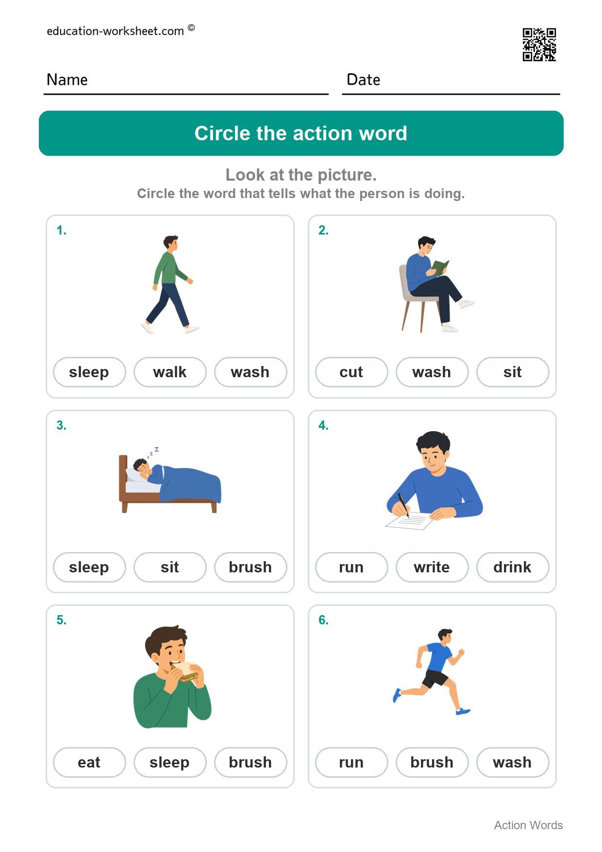Circle the action word (Set 1) - Free Action Words Worksheets for Kindergarten - Learn Verbs