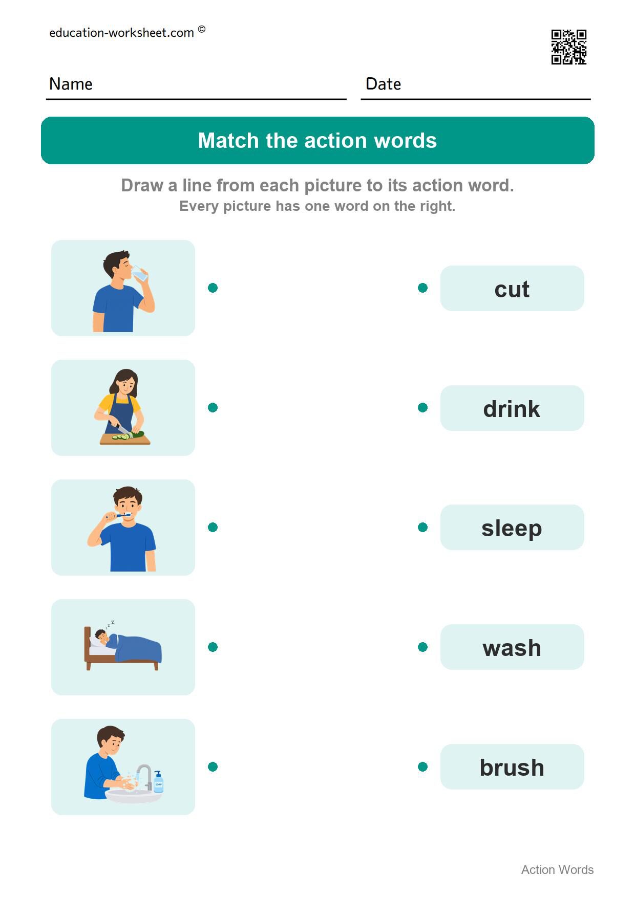 Match the action words (Set 2) - Free Action Words Worksheets for Kindergarten - Learn Verbs