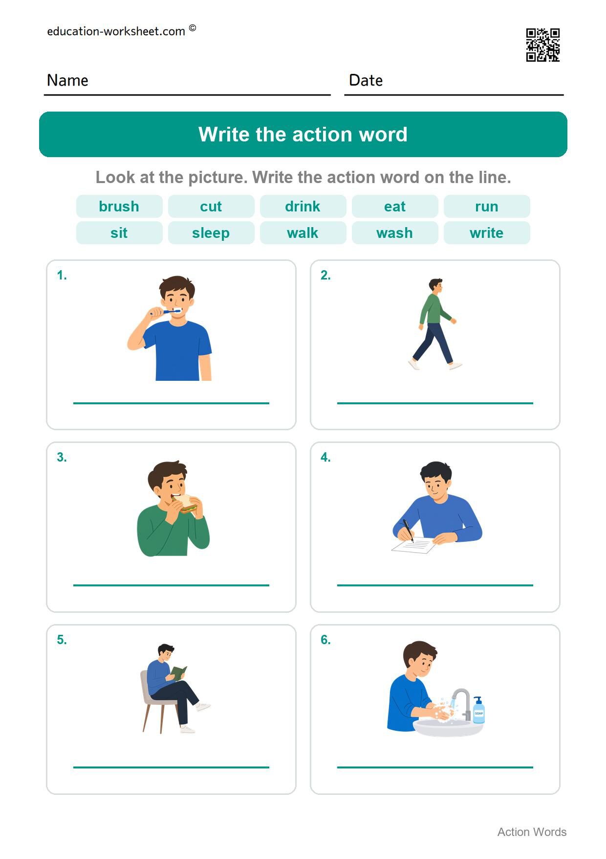 Write the action word (Set 3) - Free Action Words Worksheets for Kindergarten - Learn Verbs
