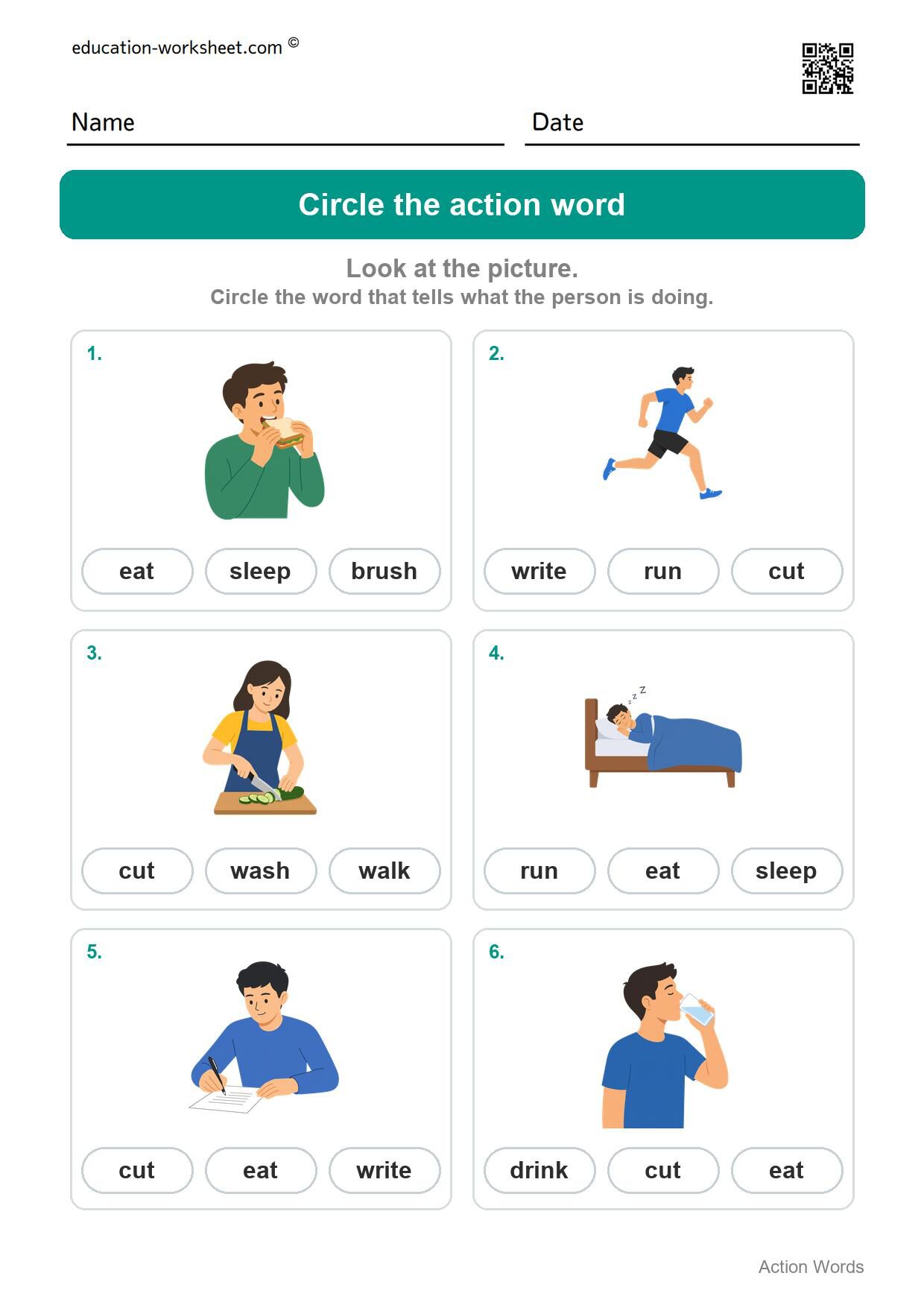Circle the action word (Set 4) - Free Action Words Worksheets for Kindergarten - Learn Verbs
