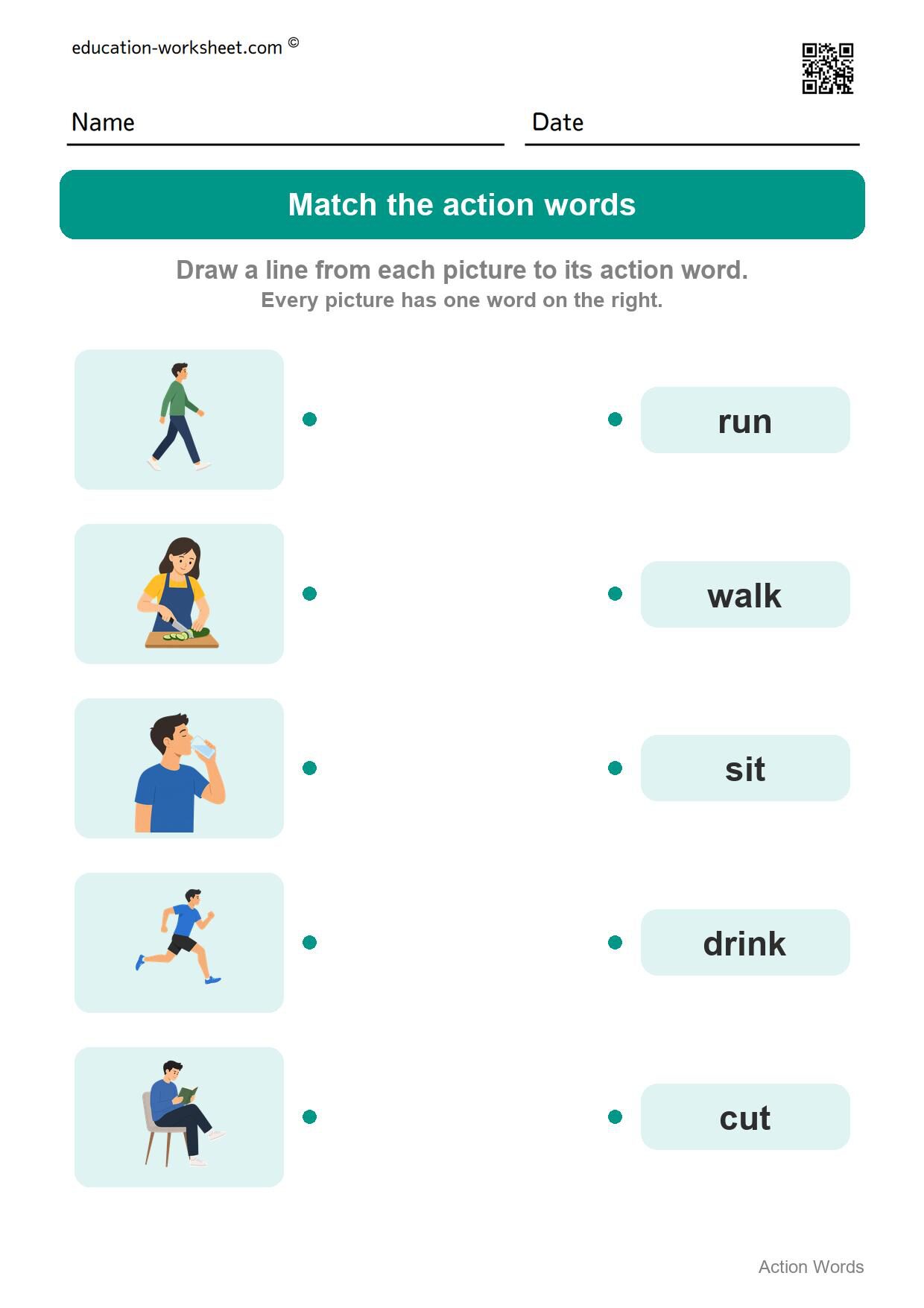 Match the action words (Set 5) - Free Action Words Worksheets for Kindergarten - Learn Verbs