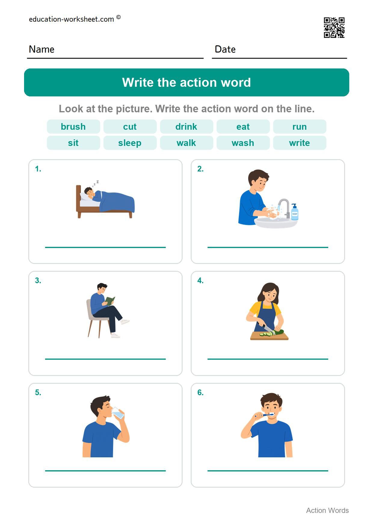 Write the action word (Set 6) - Free Action Words Worksheets for Kindergarten - Learn Verbs