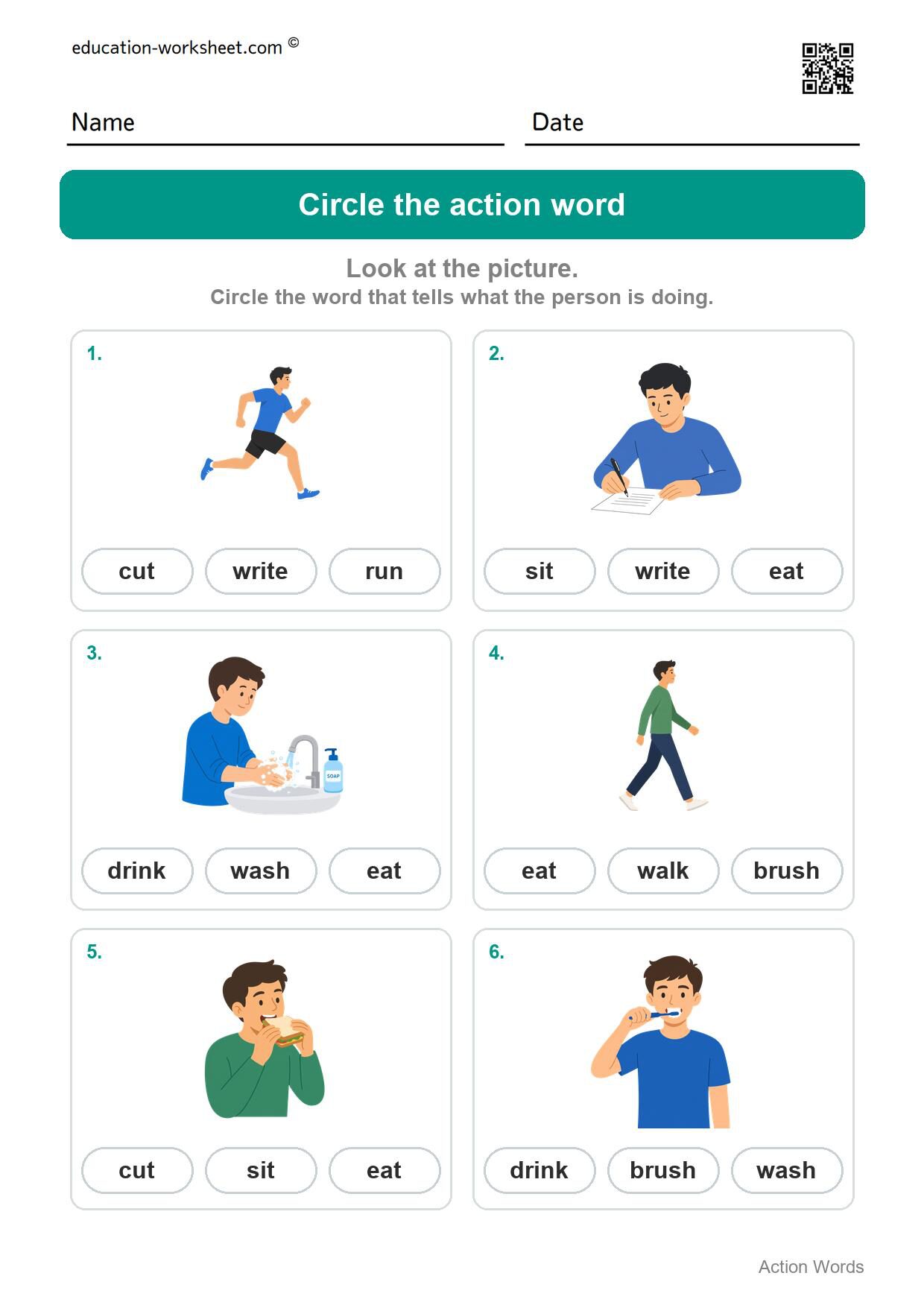 Circle the action word (Set 7) - Free Action Words Worksheets for Kindergarten - Learn Verbs