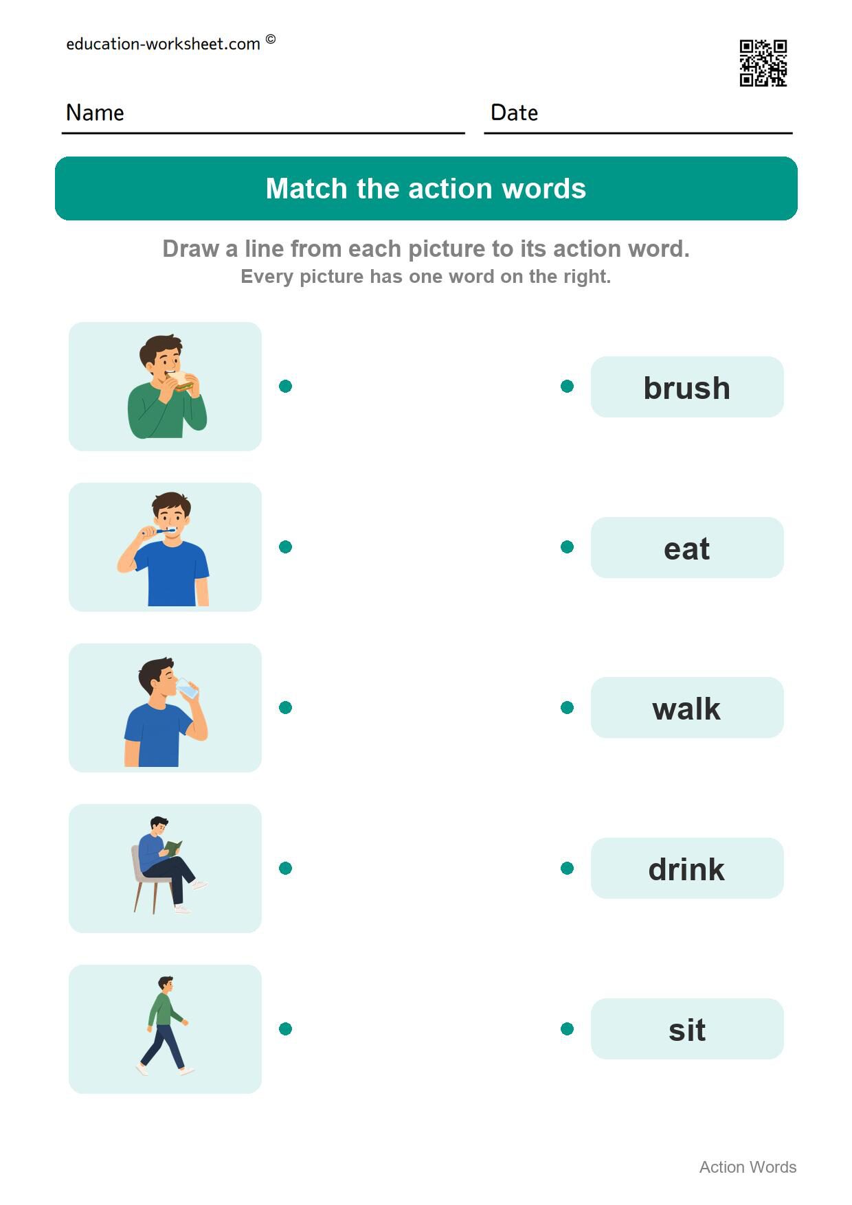 Match the action words (Set 8) - Free Action Words Worksheets for Kindergarten - Learn Verbs