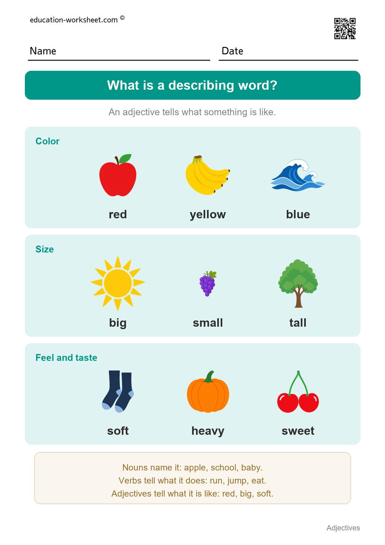 What is a describing word? (start here) - Free Adjectives Worksheets for Kindergarten - Describing Words