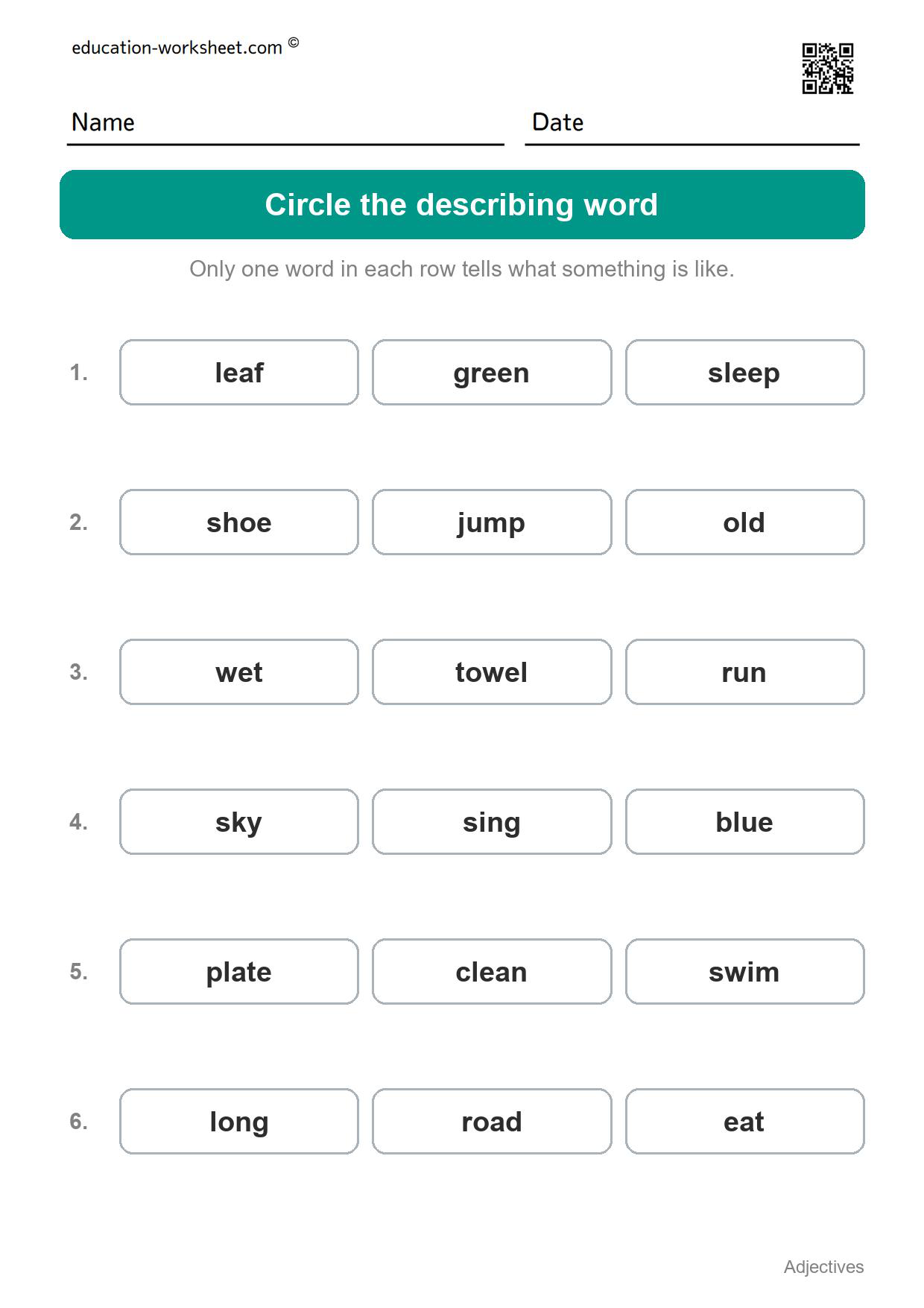 Circle the describing word (Set 9) - Free Adjectives Worksheets for Kindergarten - Describing Words