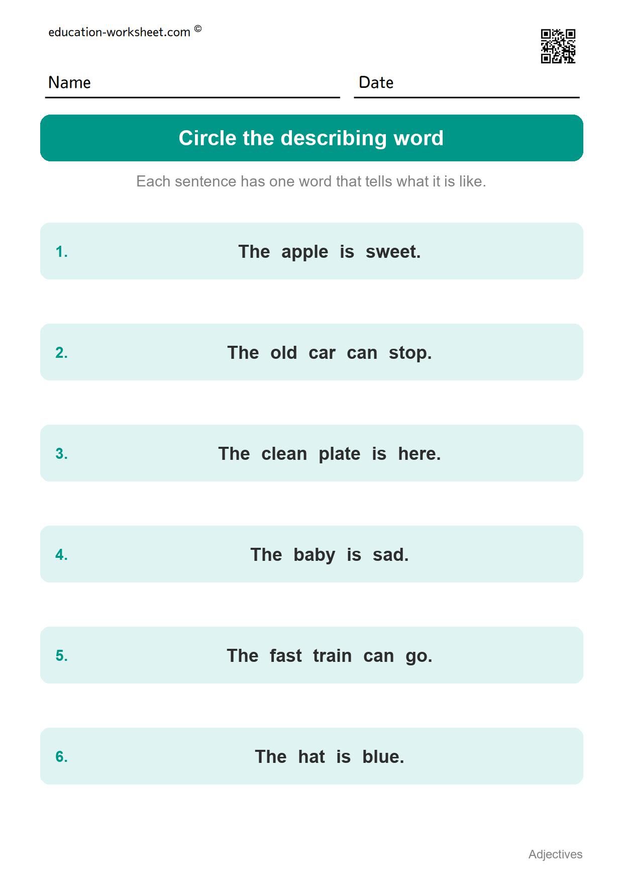 Circle the describing word in the sentence (Set 10) - Free Adjectives Worksheets for Kindergarten - Describing Words