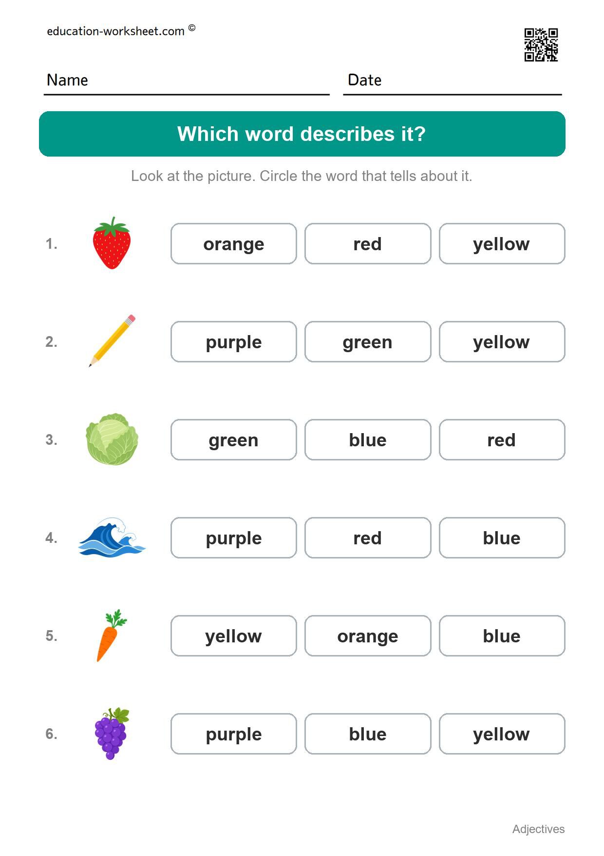 Which word describes it? (Set 11) - Free Adjectives Worksheets for Kindergarten - Describing Words