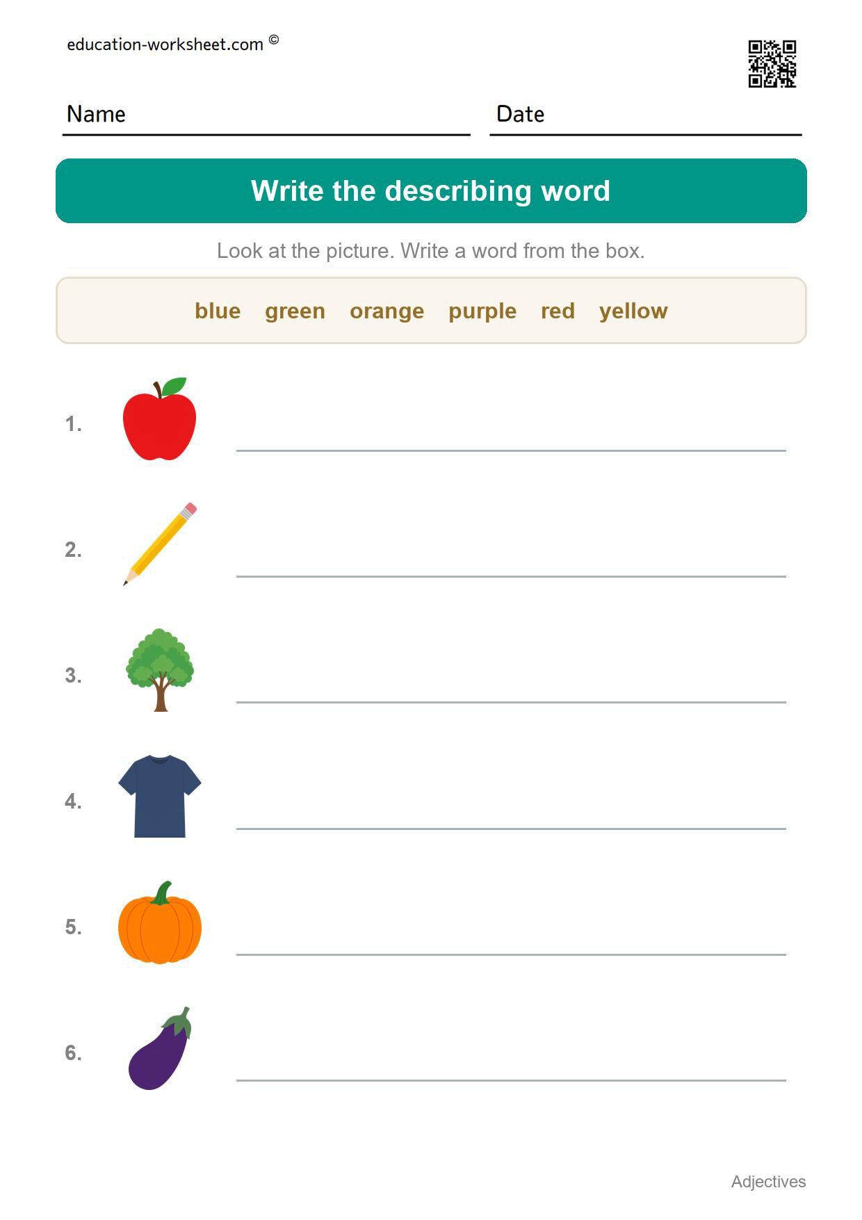 Write the describing word (Set 12) - Free Adjectives Worksheets for Kindergarten - Describing Words