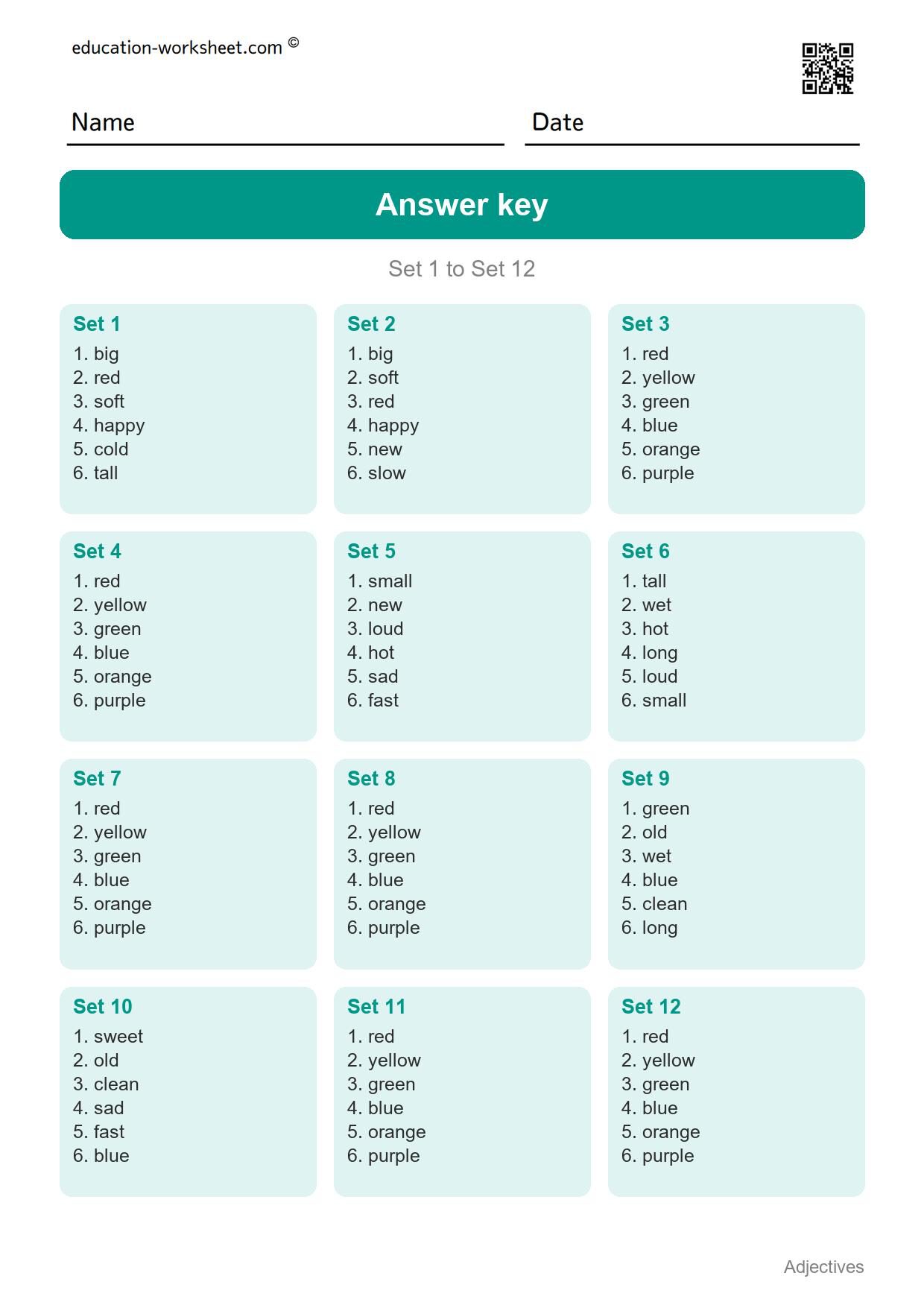 Answer key - Free Adjectives Worksheets for Kindergarten - Describing Words