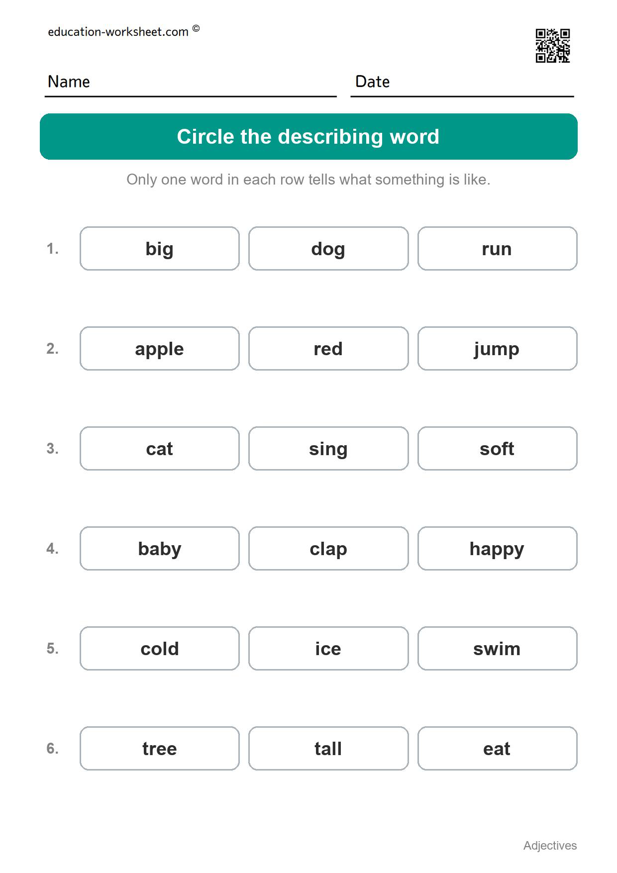 Circle the describing word (Set 1) - Free Adjectives Worksheets for Kindergarten - Describing Words