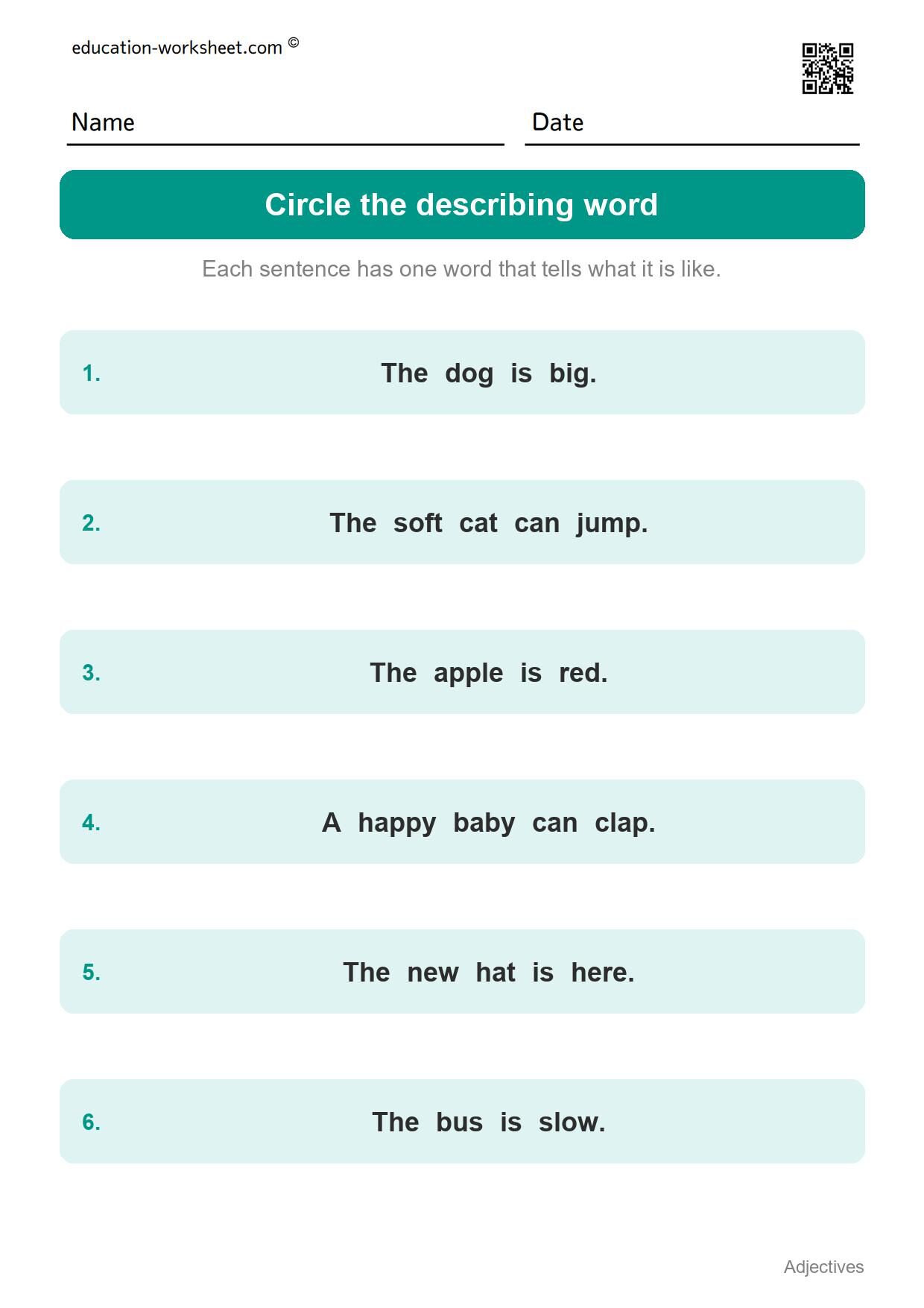 Circle the describing word in the sentence (Set 2) - Free Adjectives Worksheets for Kindergarten - Describing Words