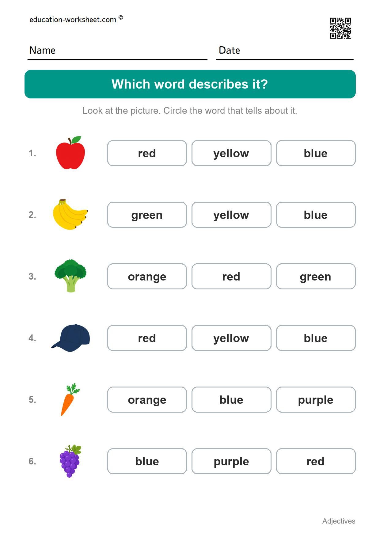 Which word describes it? (Set 3) - Free Adjectives Worksheets for Kindergarten - Describing Words