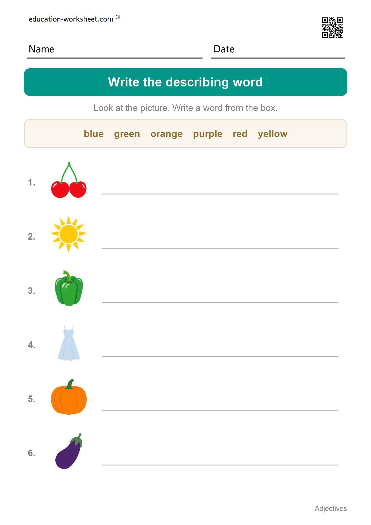 Write the describing word (Set 4) - Free Adjectives Worksheets for Kindergarten - Describing Words