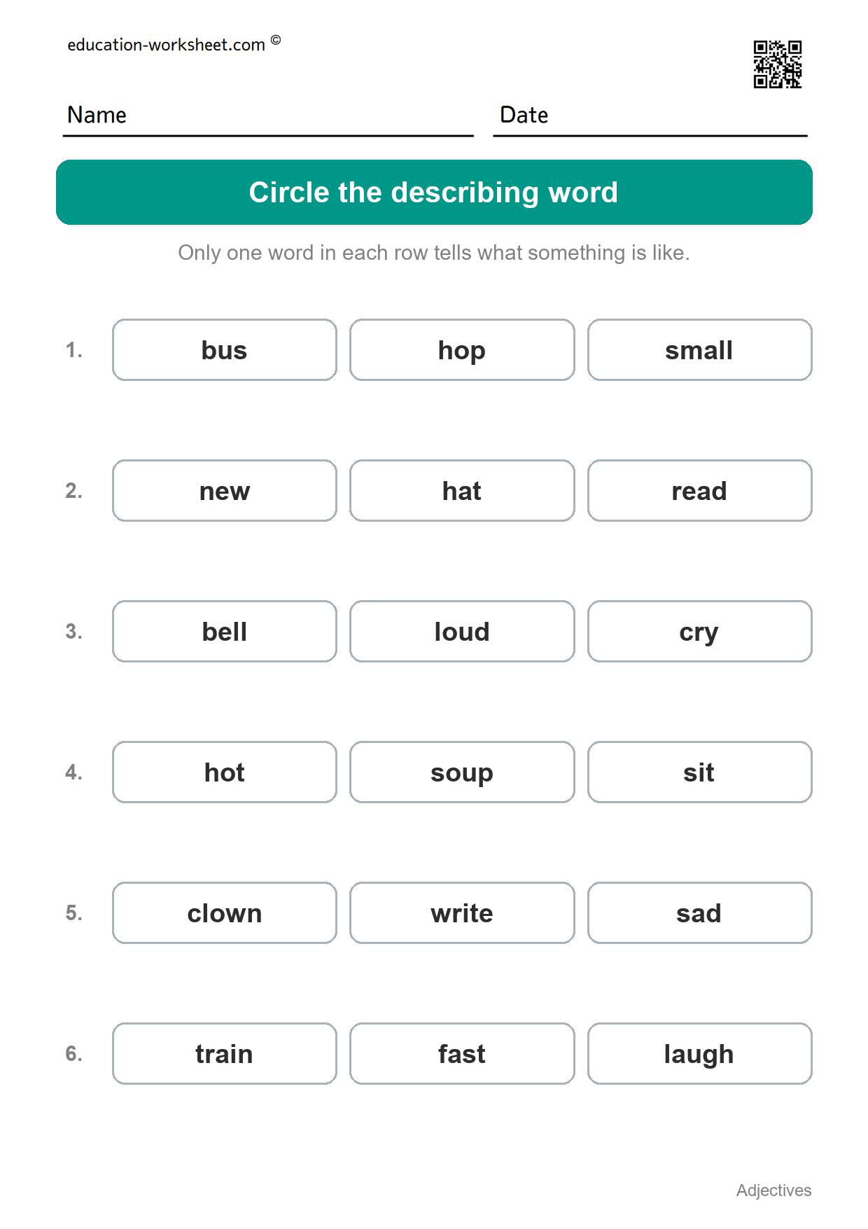 Circle the describing word (Set 5) - Free Adjectives Worksheets for Kindergarten - Describing Words