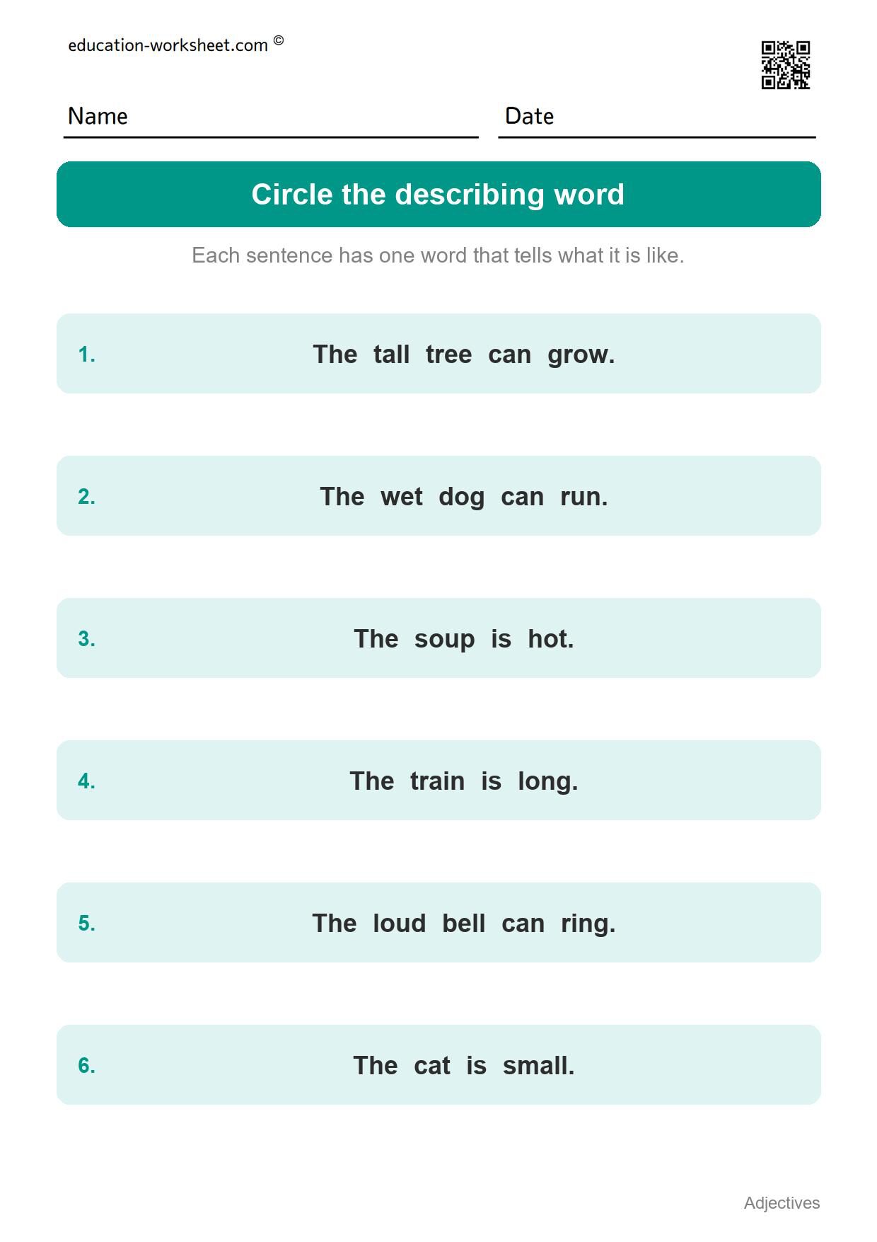 Circle the describing word in the sentence (Set 6) - Free Adjectives Worksheets for Kindergarten - Describing Words