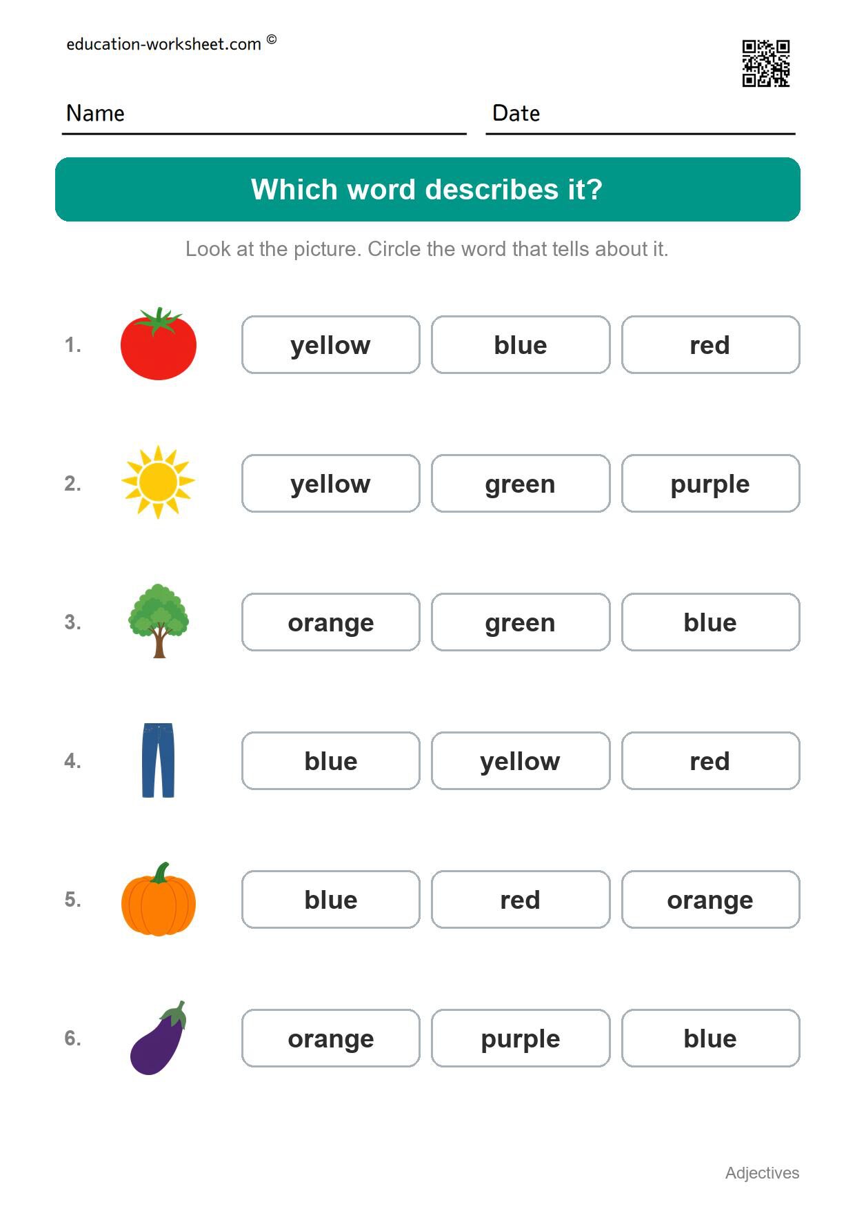 Which word describes it? (Set 7) - Free Adjectives Worksheets for Kindergarten - Describing Words