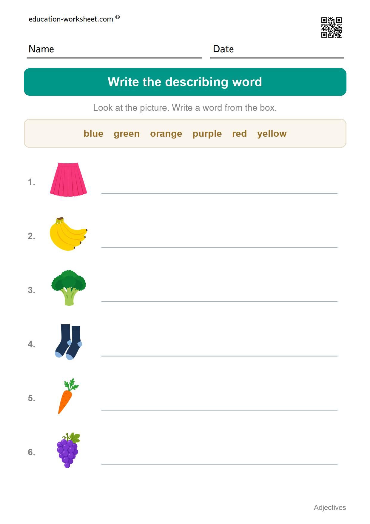 Write the describing word (Set 8) - Free Adjectives Worksheets for Kindergarten - Describing Words