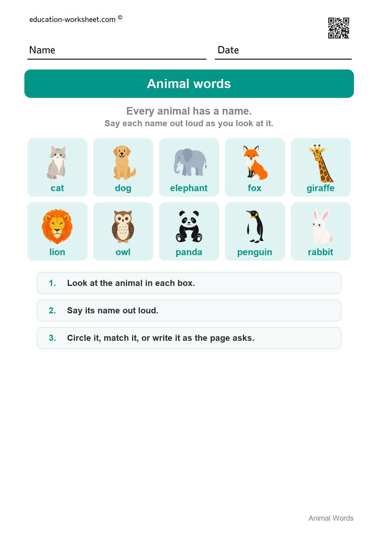 How to use this worksheet - Free Animal Words Worksheets for Kindergarten - Read and Write
