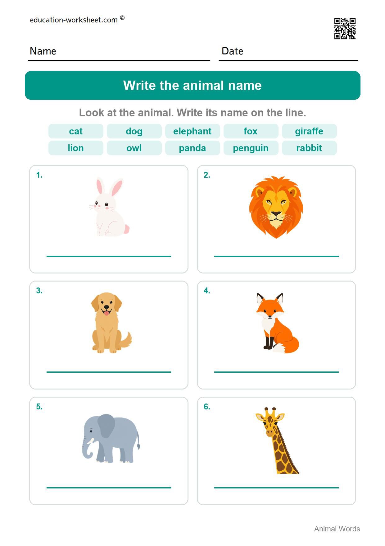 Write the animal name (Set 9) - Free Animal Words Worksheets for Kindergarten - Read and Write