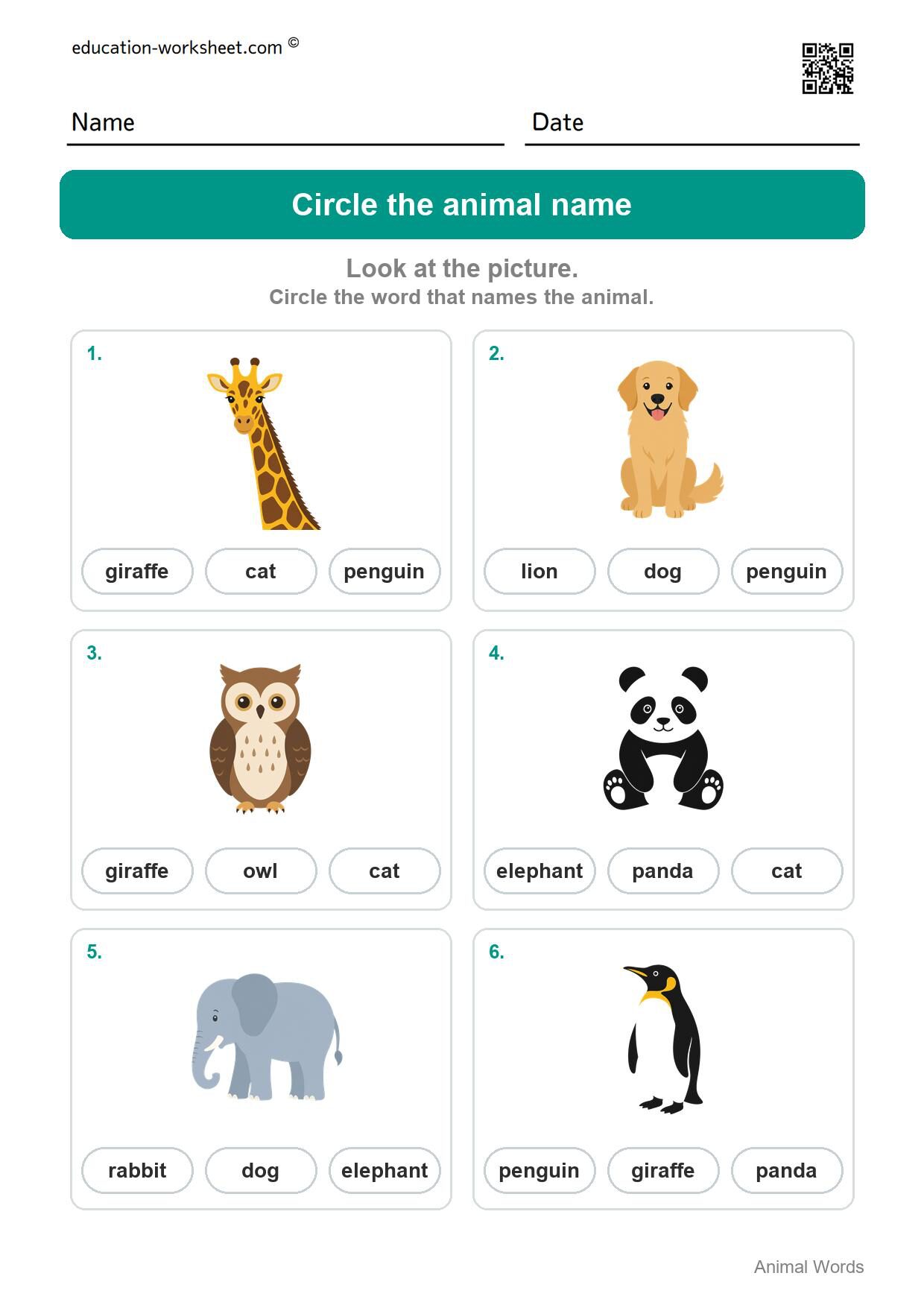 Circle the animal name (Set 10) - Free Animal Words Worksheets for Kindergarten - Read and Write