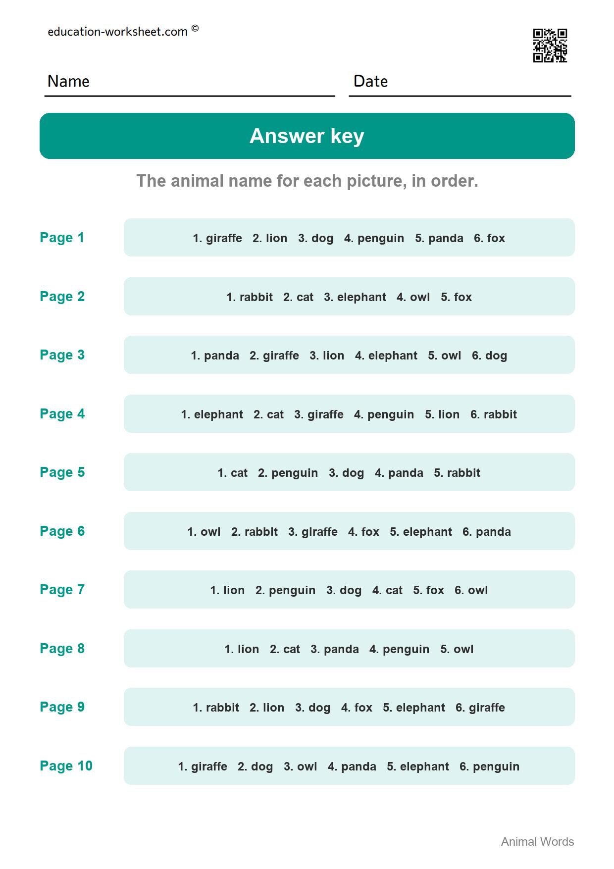 Answer key - all 10 pages - Free Animal Words Worksheets for Kindergarten - Read and Write