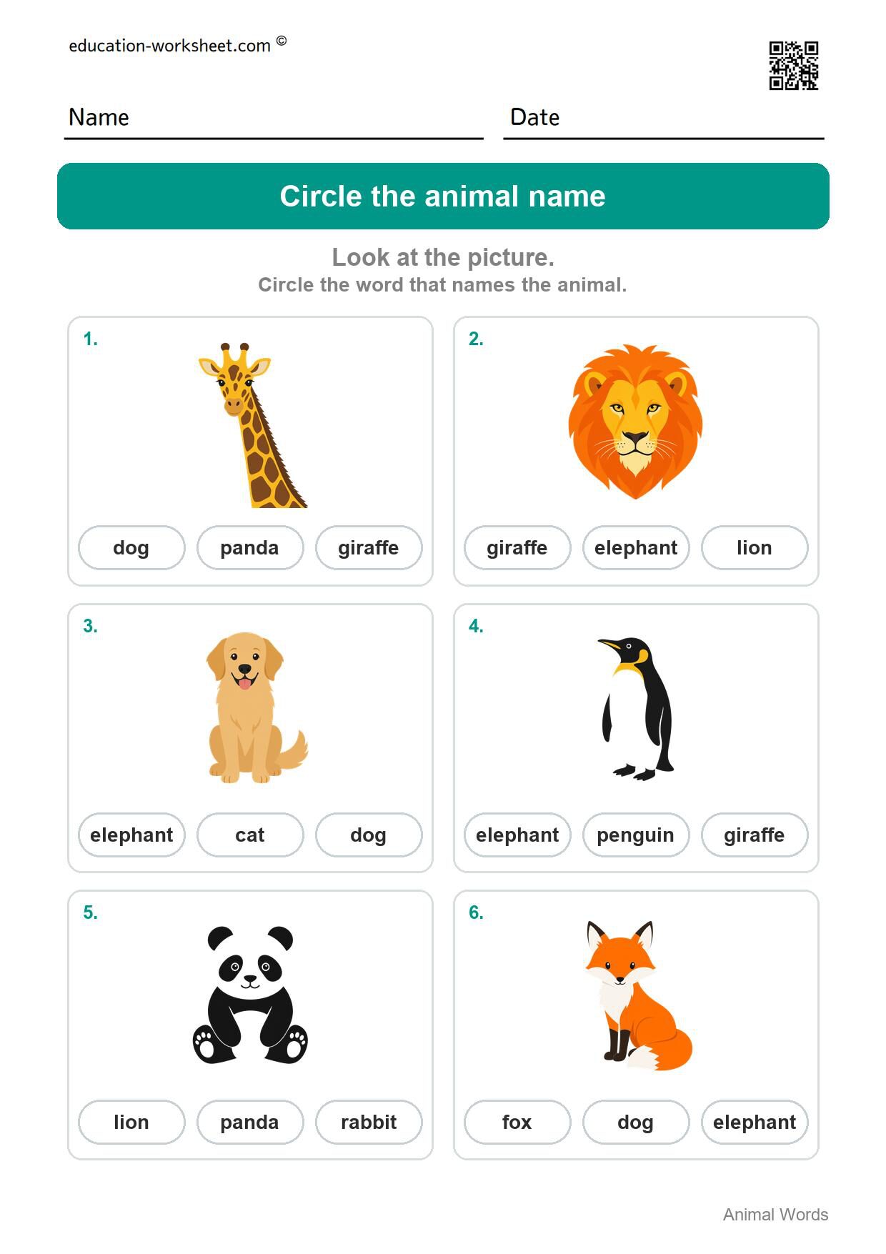 Circle the animal name (Set 1) - Free Animal Words Worksheets for Kindergarten - Read and Write