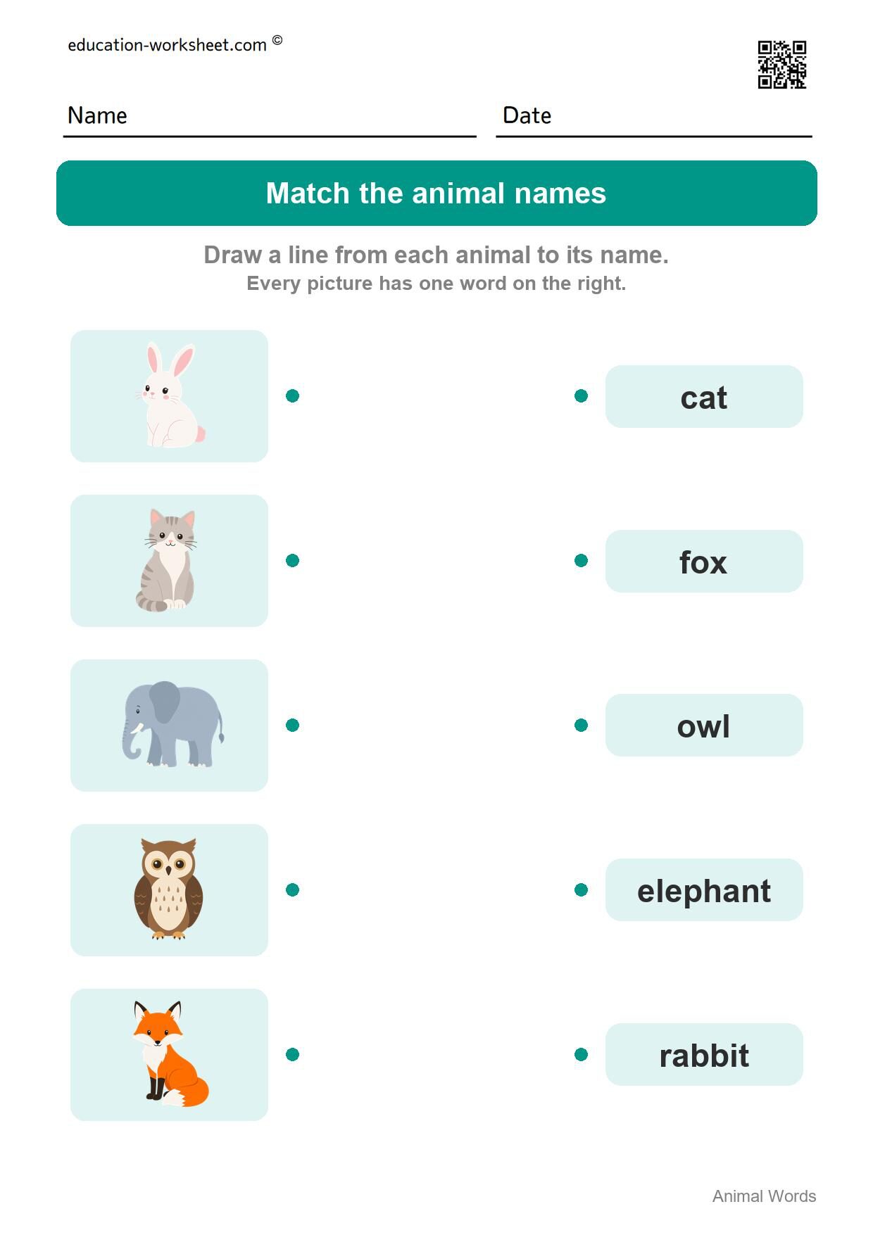 Match the animal names (Set 2) - Free Animal Words Worksheets for Kindergarten - Read and Write