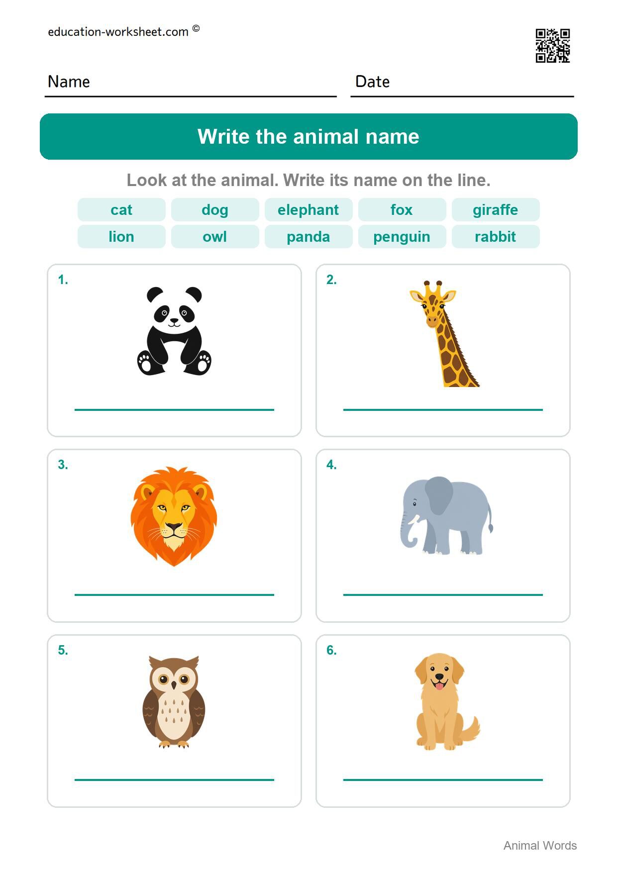 Write the animal name (Set 3) - Free Animal Words Worksheets for Kindergarten - Read and Write
