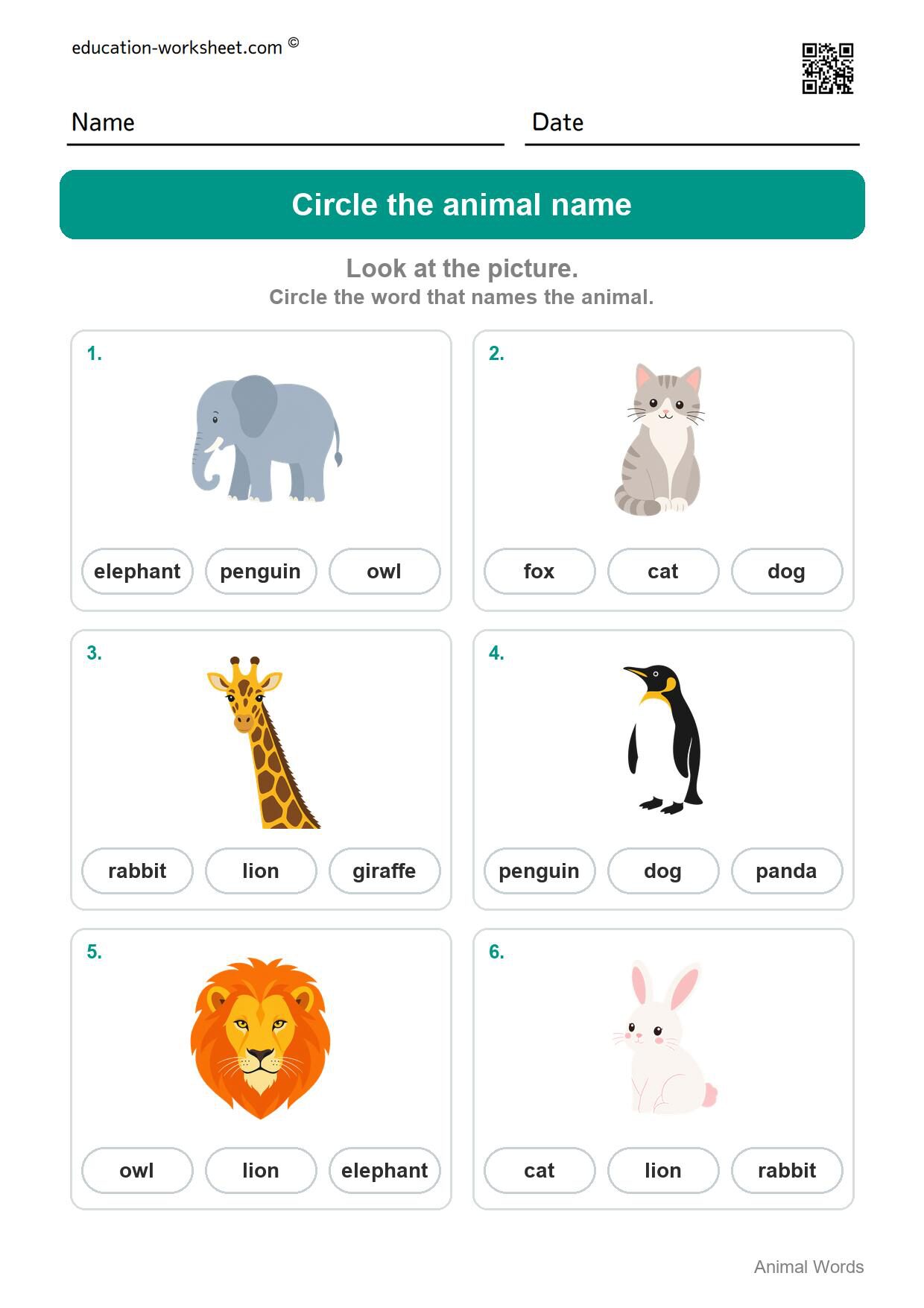 Circle the animal name (Set 4) - Free Animal Words Worksheets for Kindergarten - Read and Write