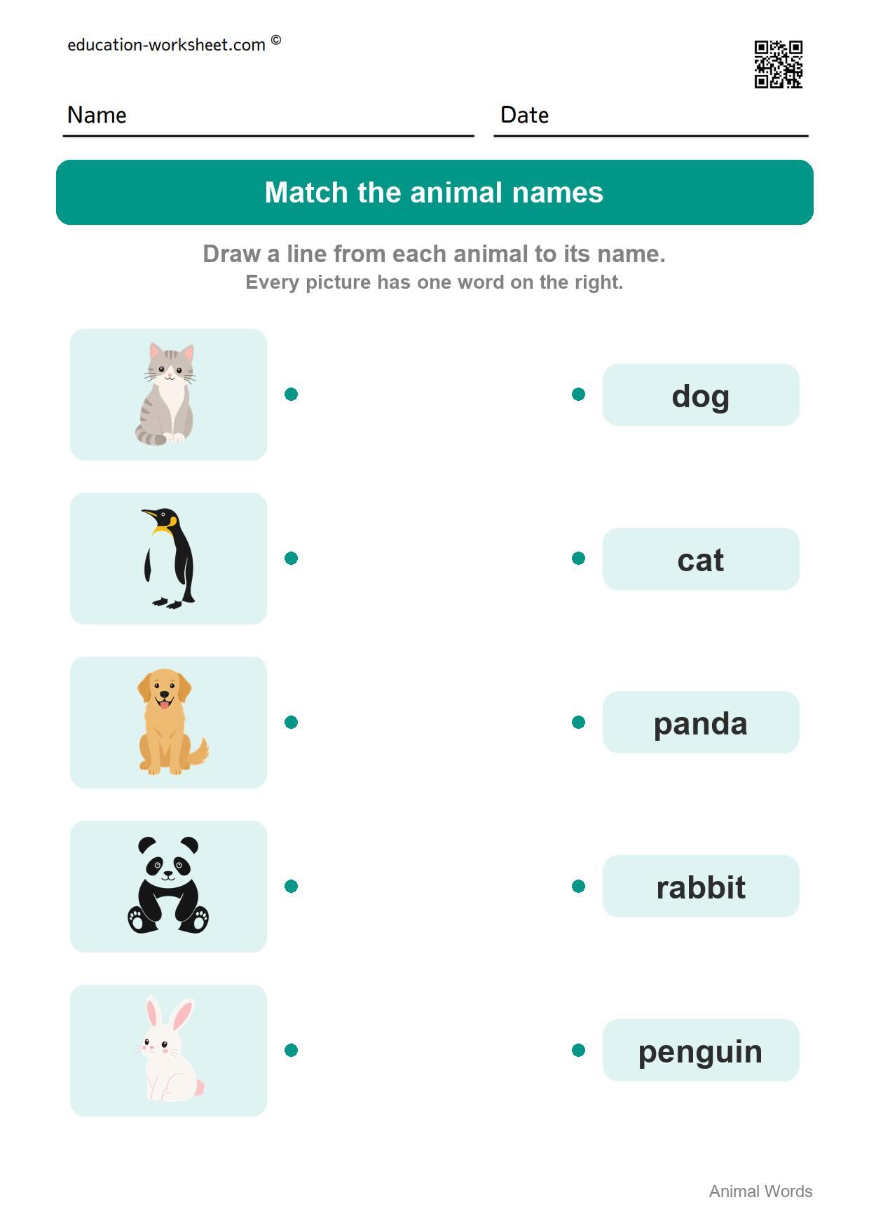 Match the animal names (Set 5) - Free Animal Words Worksheets for Kindergarten - Read and Write