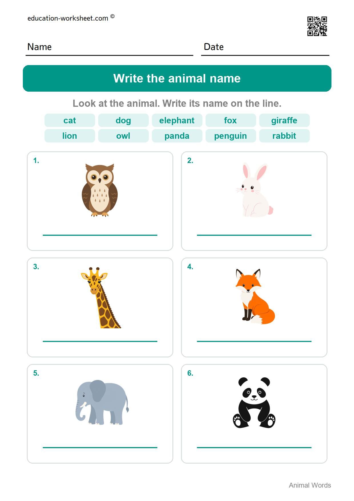 Write the animal name (Set 6) - Free Animal Words Worksheets for Kindergarten - Read and Write
