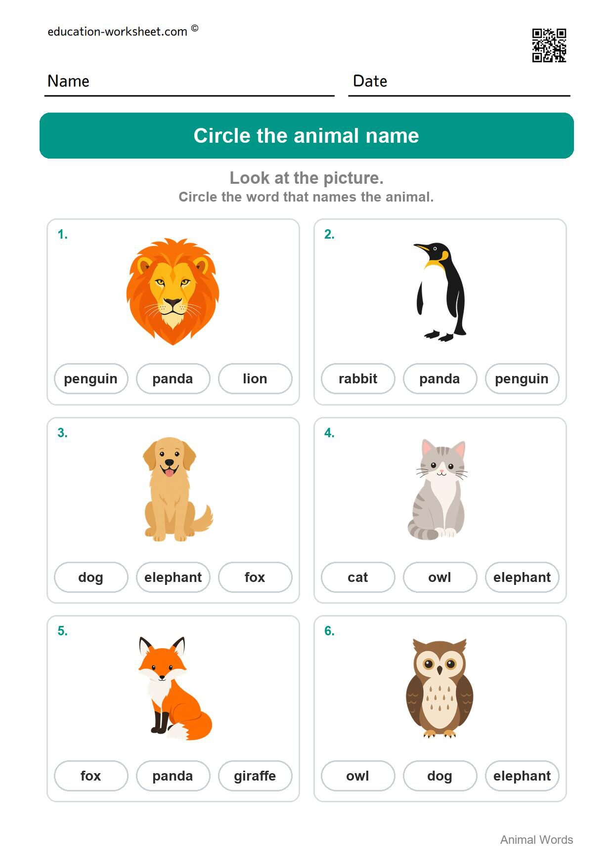 Circle the animal name (Set 7) - Free Animal Words Worksheets for Kindergarten - Read and Write