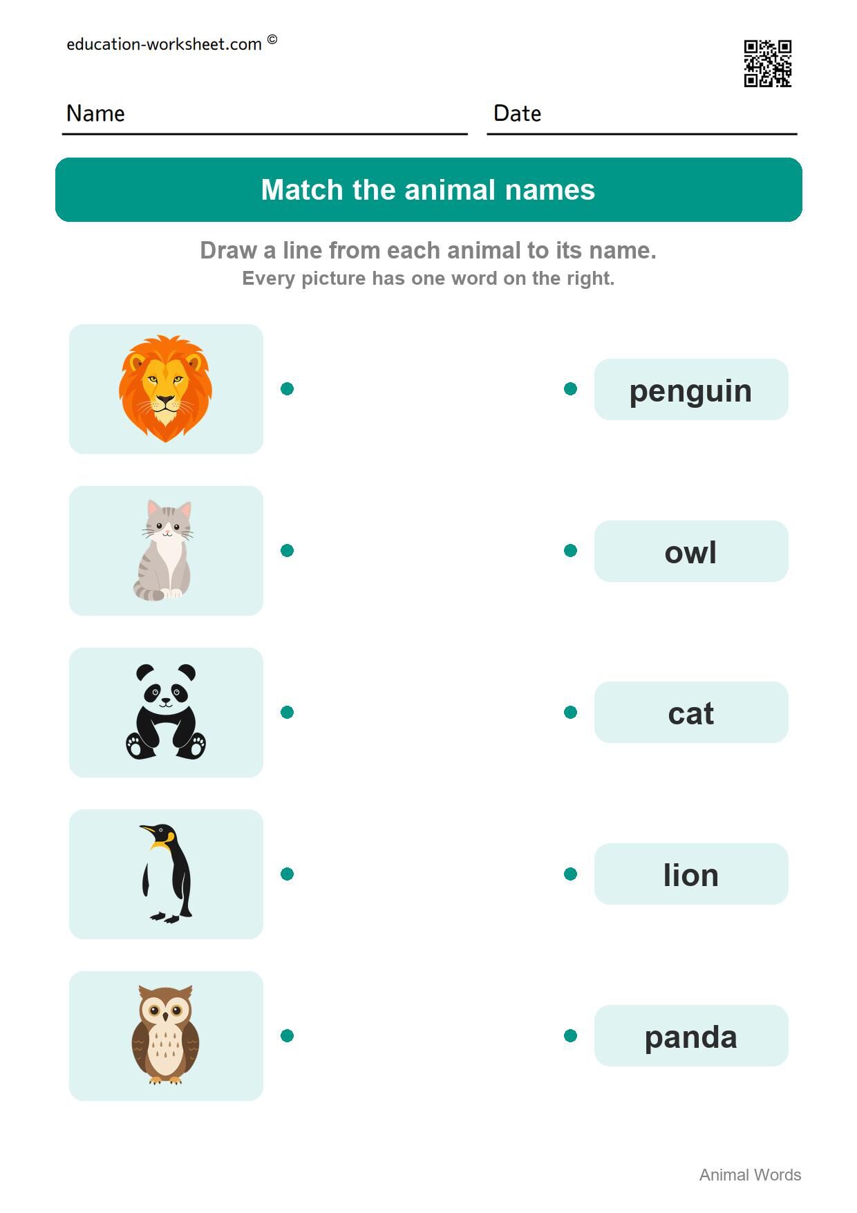 Match the animal names (Set 8) - Free Animal Words Worksheets for Kindergarten - Read and Write